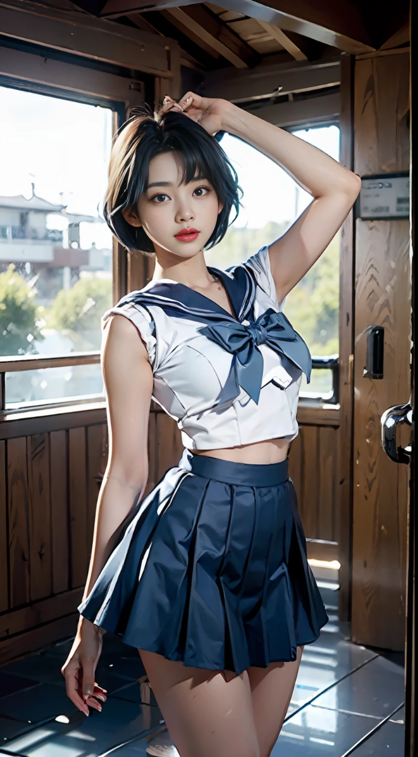 Best Quality, Masterpiece, Ultra High Resolution, (Realism: 2), Original Photo, A Twenty-Year-Old Girl, (Sailor Moon: 2.1) ((Ami Mizuno/Sailor Crystal, Sailor Mercury)), Charming Smile, Short Hair, Short Blue Hair, Vibrant Blue Eyes, Short Skirt, Looking at the Viewer, Mercury in the background, Dynamic Pose, OC Rendering, Water Splashing