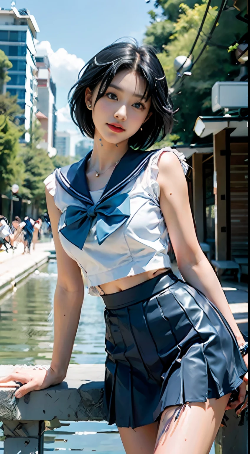 Best Quality, Masterpiece, Ultra High Resolution, (Realism: 2), Original Photo, A Twenty-Year-Old Girl, (Sailor Moon: 2.1) ((Ami Mizuno/Sailor Crystal, Sailor Mercury)), Charming Smile, Short Hair, Short Blue Hair, Vibrant Blue Eyes, Short Skirt, Looking at the Viewer, Mercury in the background, Dynamic Pose, OC Rendering, Water Splashing