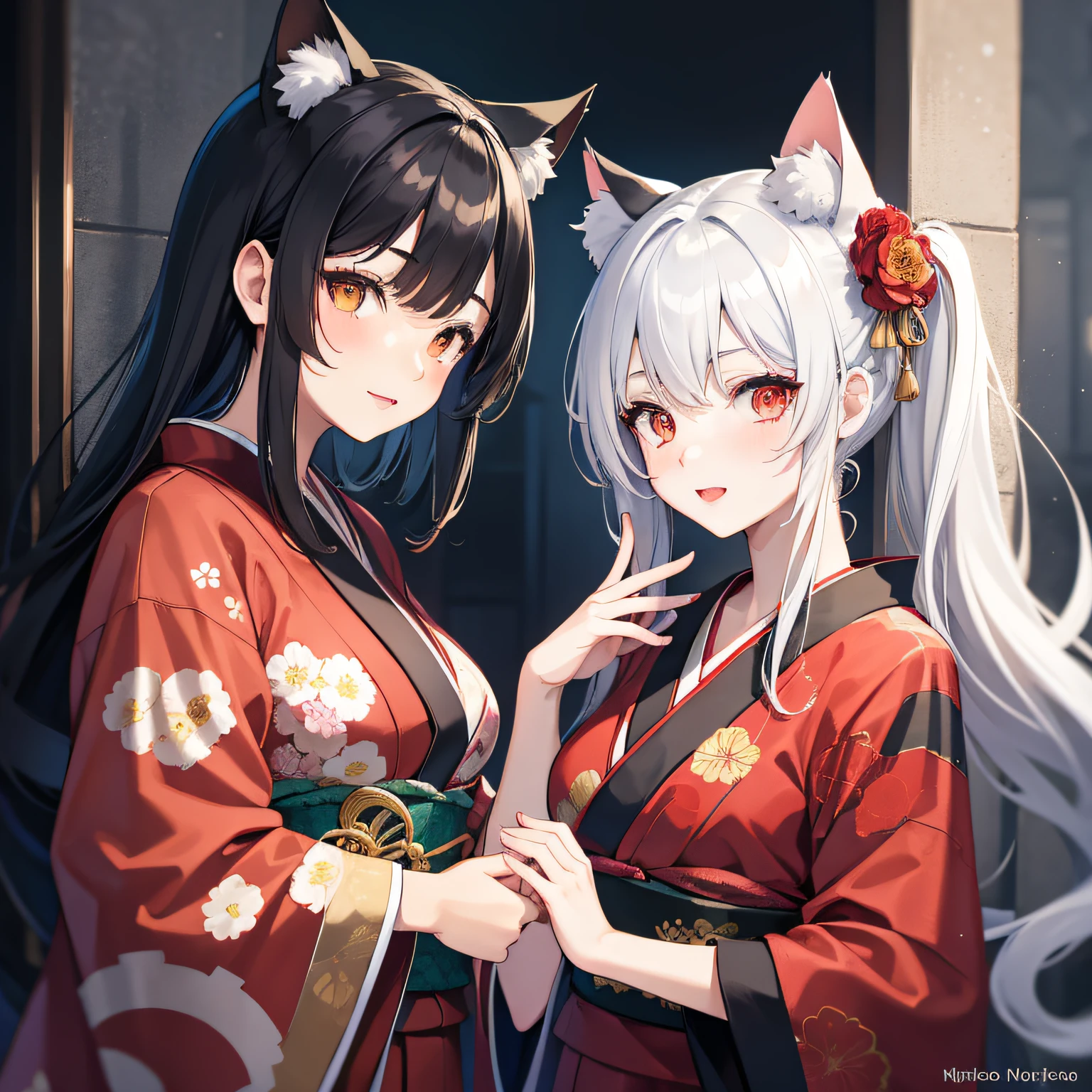 Masterpiece, High Resolution, High Quality, 2 Girls, Red Kimono, Floral Pattern, Small Breasts, Cat Ears, Red Eyes, Black Hair, Long Hair, White Kimono, Big Breasts, Cat Ears, Floral Pattern, Yellow Eyes, White Hair, Twin Tails