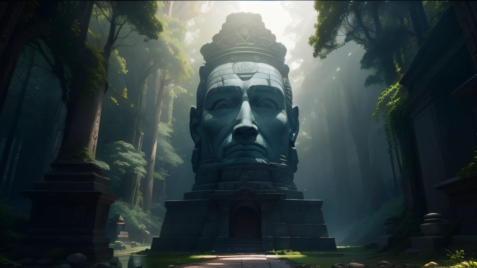there is a large stone statue in the middle of a forest, film still promotional image, neo - andean architecture, animation still screencap, face shown, b3d, atlantis, game characters head designs, large gate, roger deakin’s cinematography, ellora, old gods