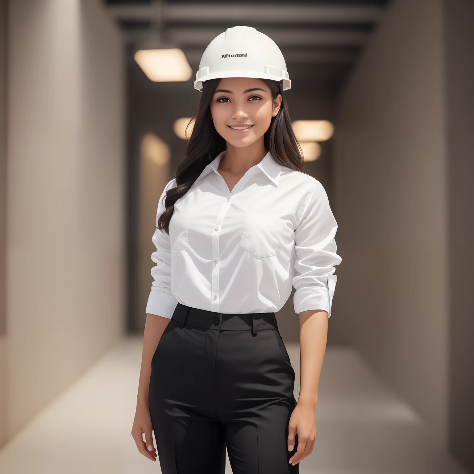 A smiling youth, wearing a black suit shirt, standing in a neat office, wearing a hard hat, holding hands, standing elegantly, white skin, full of confidence, beauty, 4 teeth, 30 years old, happy, full body portrait, 4k, high resolution, masterpiece, best quality, clear focus, (cinema lighting), shirt, [:( facial details: 1.2:0.2], ultra high resolution, (realistic: 1.4),, high resolution, detailed, original photo, sharp, by lee jeffries Nikon D850 Film Stock Photo 4 Kodak Portra 400 Camera F1.6 Lens rich colors, ultra-realistic, lifelike textures, dramatic lighting --auto --s2