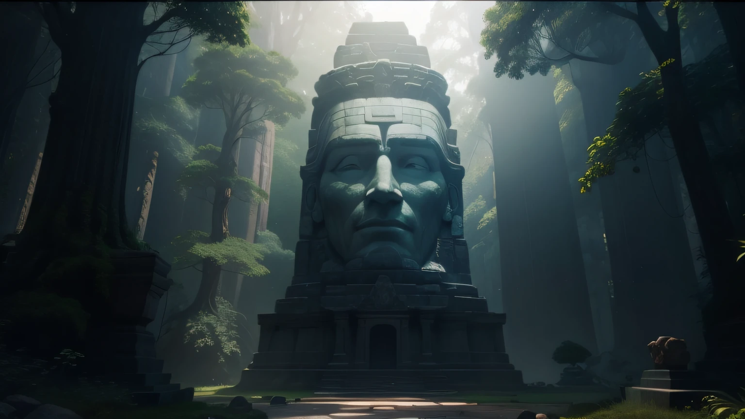 there is a large stone statue in the middle of a forest, film still promotional image, neo - andean architecture, animation still screencap, face shown, b3d, atlantis, game characters head designs, large gate, roger deakin’s cinematography, ellora, old gods