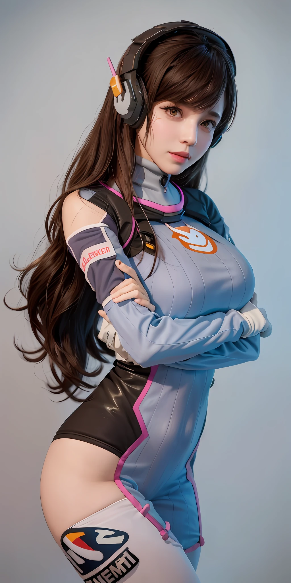 Masterpiece, Best Quality, 1Girl, D.Va (Overwatch), Solo, Long Hair, Beard Markings, Tights, Brown Hair, Face Marks, Gloves, Breasts, Brown Eyes, Blue Tights, Over-Earmarked Headphones, White Gloves, Medium Tits, Slanted Bangs, Skinny, Animal Print, Bangs, Bunny Print, Ribbed Bodysuit, Varnish, Pink Lips, (Gray Background: 1.2), Simple Background, (KBXLL: 0.6), Big Tits, 36D, Big Breasts, Sexy, Buttocks, Hot , big breasts, cleavage, big tits, detailed