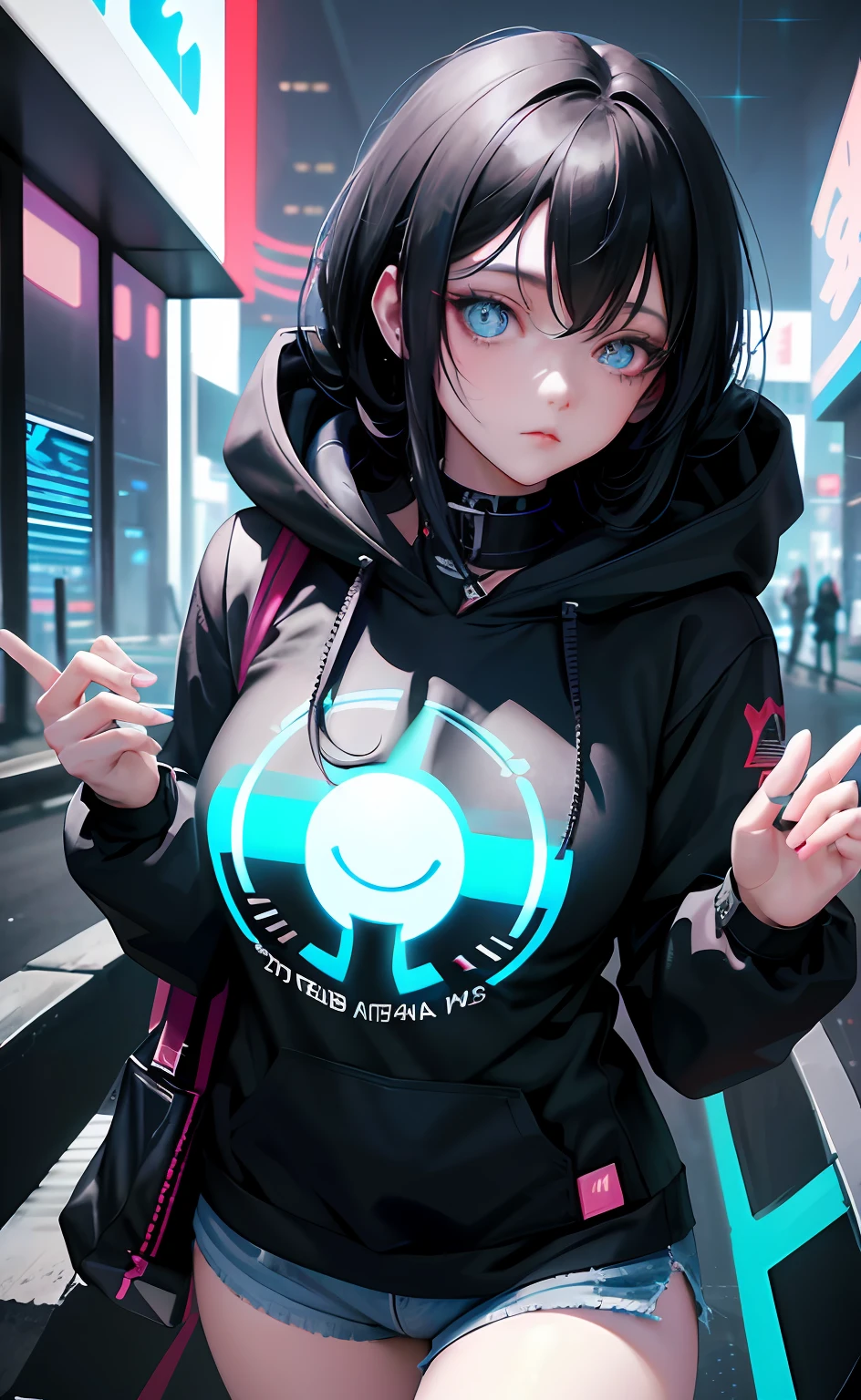 anime girl with long black hair and blue eyes in a black top, cyberpunk anime girl, anime style 4 k, female cyberpunk anime girl, digital cyberpunk anime art, jet black haired cyberpunk girl, beautiful cyberpunk girl face, portrait anime girl, portrait anime space cadet girl, cyberpunk anime girl in hoodie, digital anime art, anime cyberpunk art