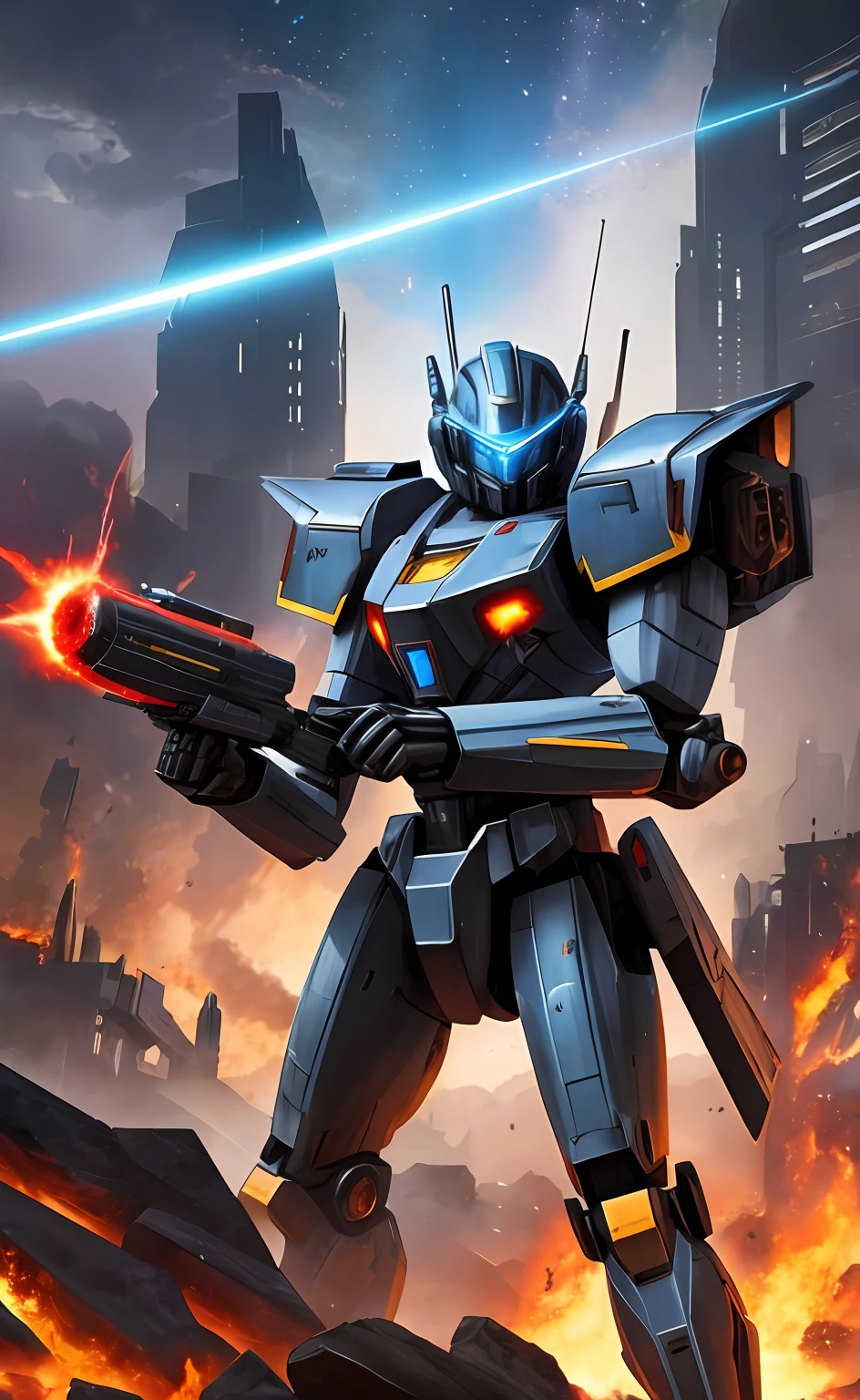 masterpiece, best quality, mecha, no humans, black armor, blue eyes, science fiction, fire, laser canon beam, war, conflict, destroyed city background,