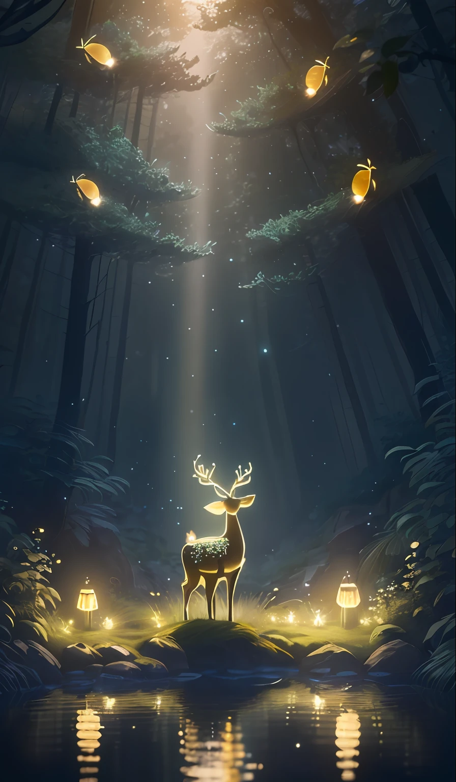 Masterpiece, best quality, (very detailed CG unity 8k wallpaper), (best quality), (best illustration), (best shadows), glow sprite, with a glowing deer, in the swimming pool Drinking water, natural elements in the forest theme. Mysterious forest, beautiful forest, nature, surrounded by flowers, delicate leaves and branches surrounded by fireflies (natural elements), (jungle theme), (leaves), (twigs), (fireflies), (particle effects) etc. 3D , Octane rendering, ray tracing, super detailed