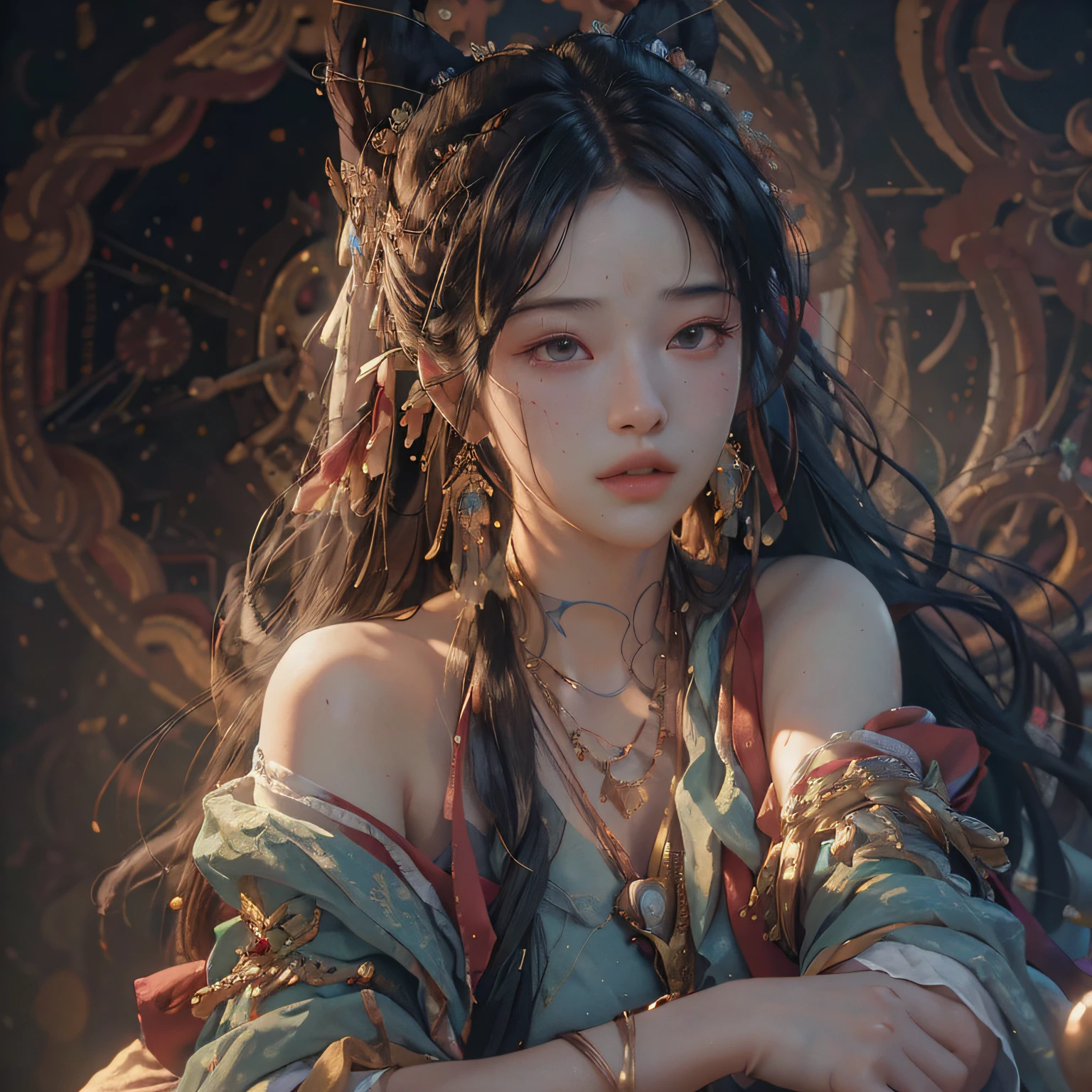 (RAW photo, best quality), (realistic, photo-realistic:1.3),best quality,highly detailed,masterpiece,ultra-detailed,illustration,1girl,upper_body,dynamic angle,world masterpiece theater,messy_long_hair,best quality,extremely detailed CG unity 8k wallpaper,ink,Amazing,cinematic lighting,lens_flare, dunhuang_style