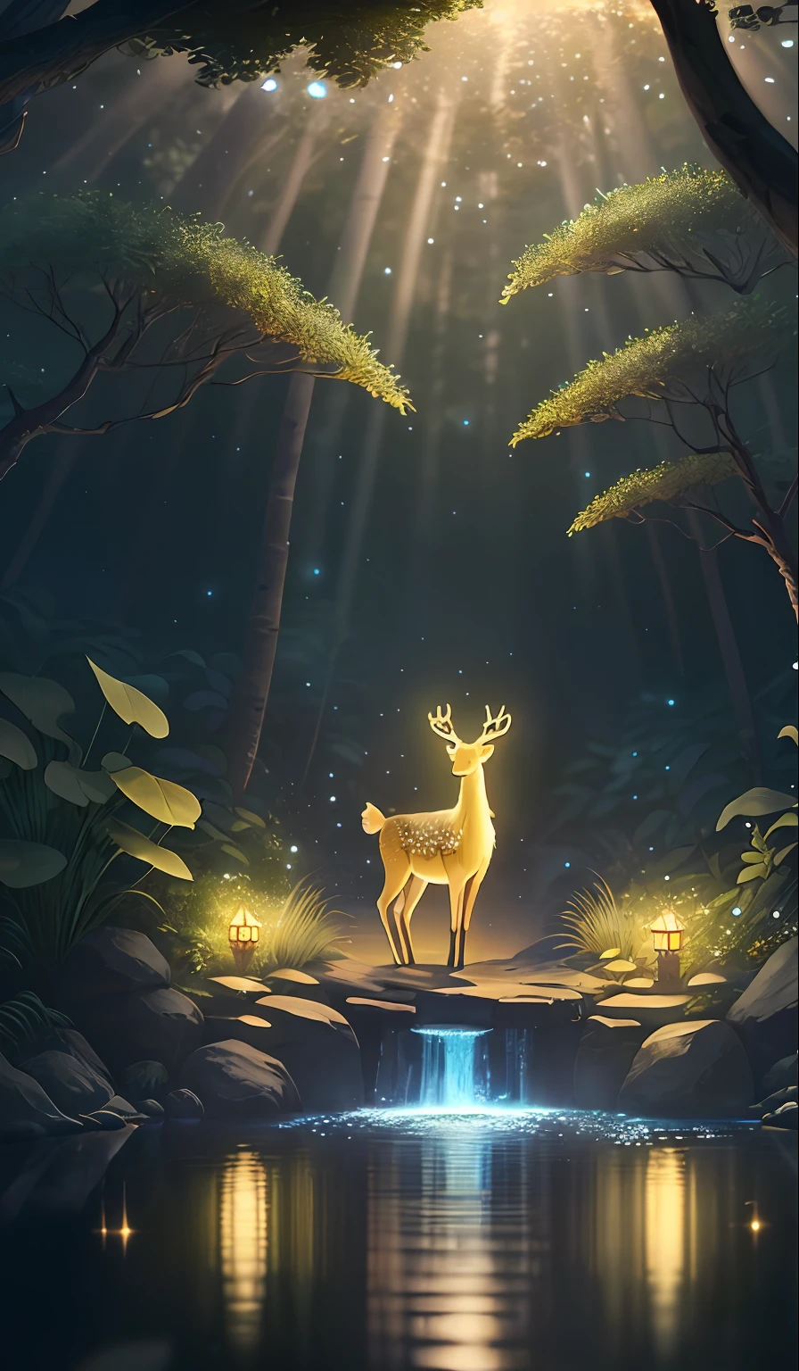 Masterpiece, best quality, (very detailed CG unity 8k wallpaper), (best quality), (best illustration), (best shadows), glow sprite, with a glowing deer, in the swimming pool Drinking water, natural elements in the forest theme. Mysterious forest, beautiful forest, nature, surrounded by flowers, delicate leaves and branches surrounded by fireflies (natural elements), (jungle theme), (leaves), (twigs), (fireflies), (particle effects) etc. 3D , Octane rendering, ray tracing, super detailed