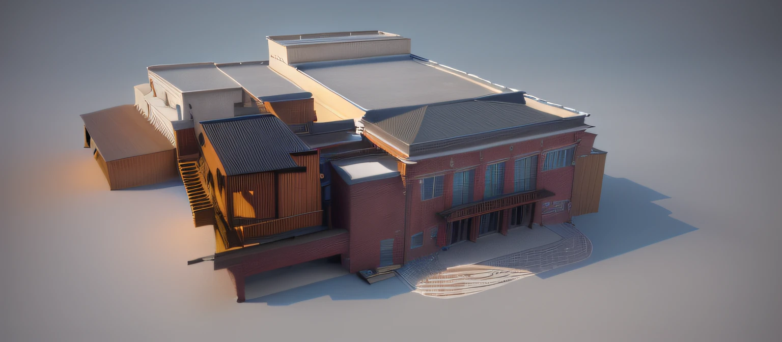 Rendering of buildings with roofs and stairs, digital model, perspective, rendering 3d model, detailed model, 3d rendered model, vue 3d rendering, front view, in 3 d, 3 / 4 view, 3/4 view, detail rendering, detailed rendering, medium view, 3d rendering