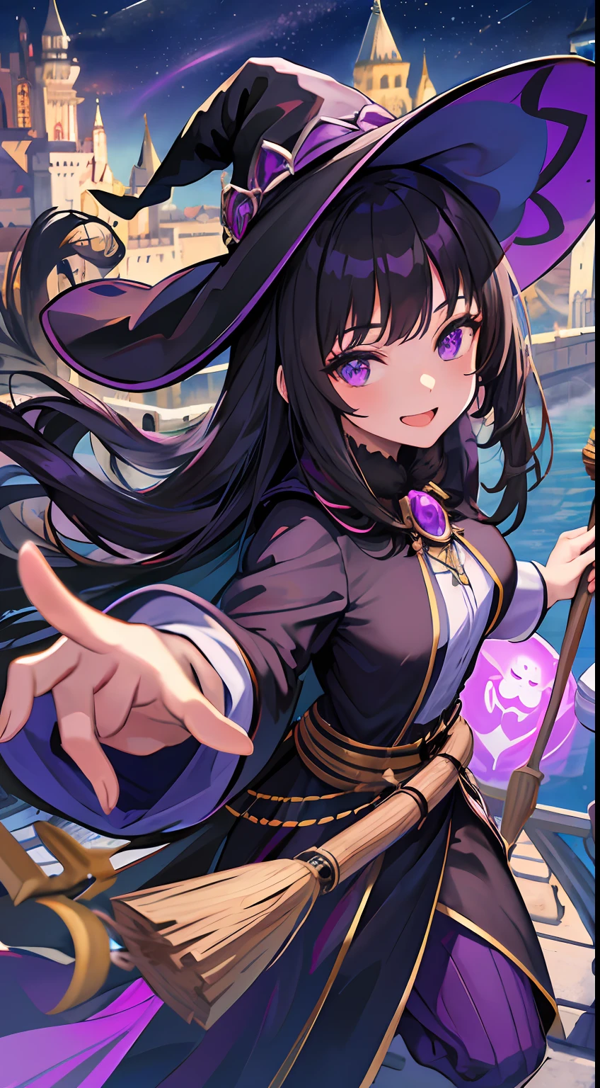 (masterpiece, best quality, ultra-detailed), torino aqua, 1girl, black witch robe, witch hat, purple pattern, purple eyes, black hair, flying, broom, happy face, detailed background, (night), (castle)