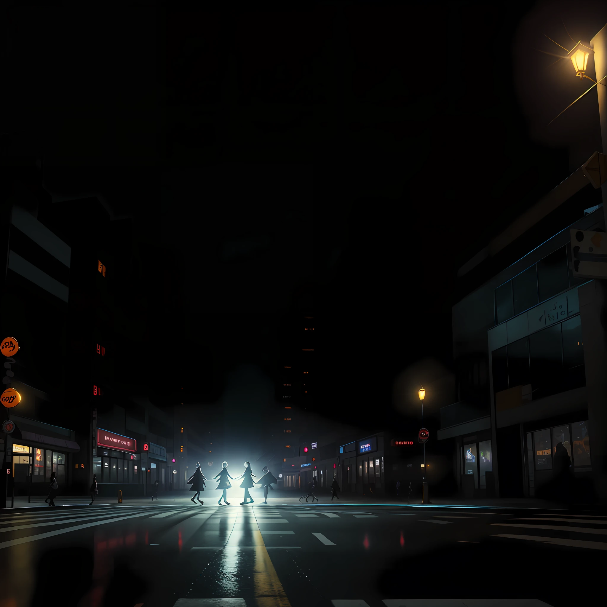 A couple crossing the street through the crosswalk. Photon mapping, detailed lighting. Ghost town. No one around