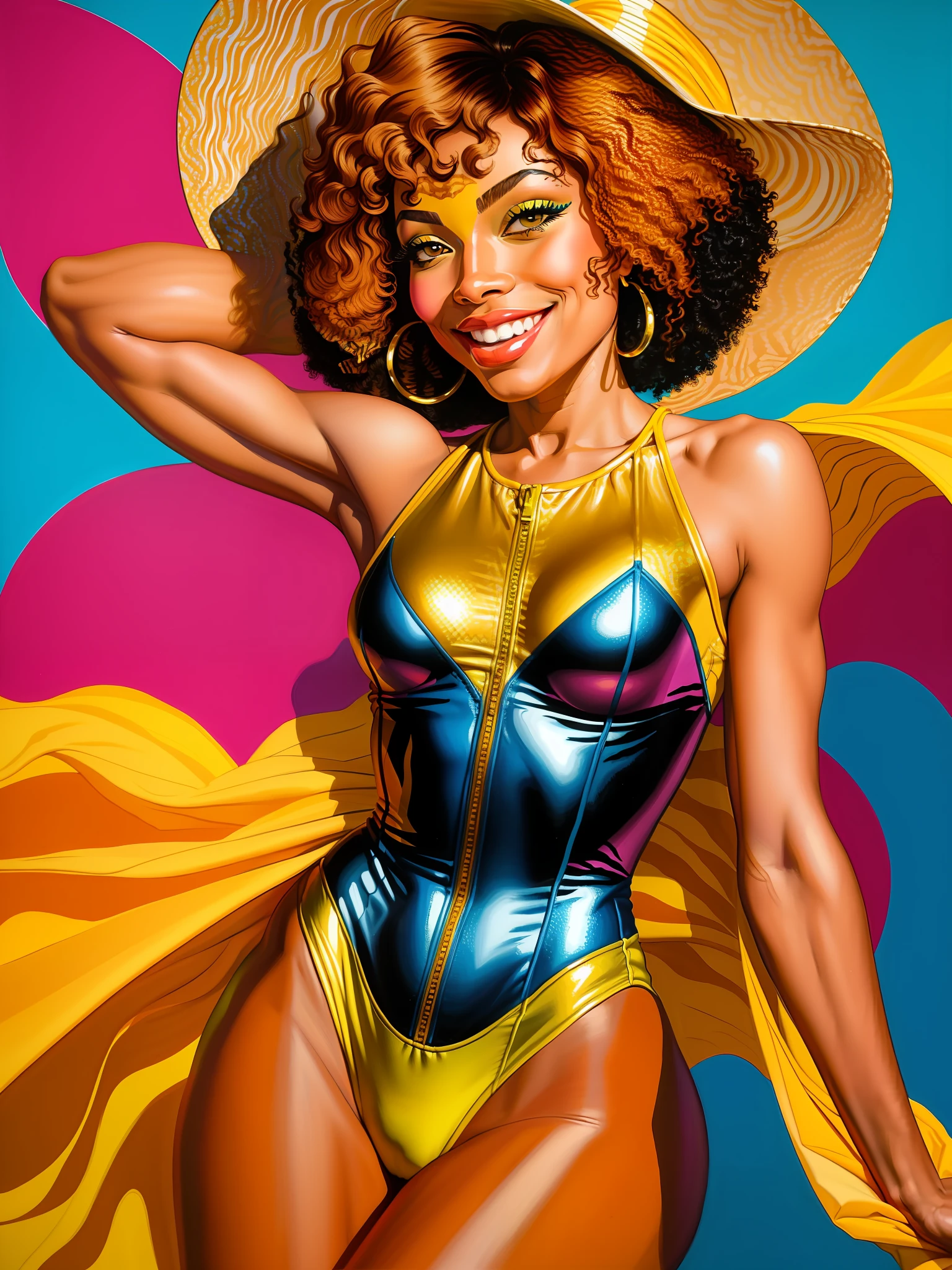 painting of a woman in a tiger print bodysuit with a smile, a gouache inspired by Barkley Hendricks, flickr, pop art, painting of a woman, from kehinde wiley, tina turner portrait, with yellow cloths, kehinde wiley, african american woman, peter driben, african woman, mami wata, wesley kimler, unknown artist, added detail