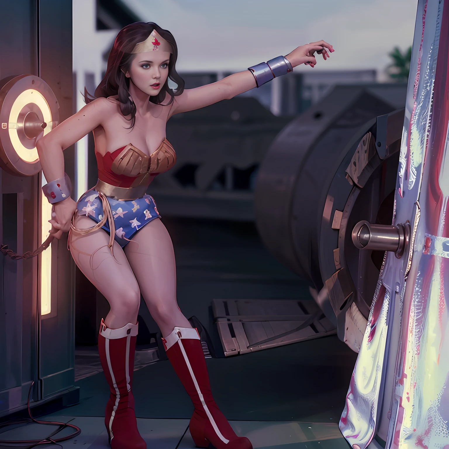 a photo of a lynda-cart3r-ww-t2-2400, (lynda-carter-ww-costume:1.4),
((masterpiece)), 4k, beautiful (((Japanese cute idle))), ((best quality)), professional lighting, highres, 35 mm lens, f 1/1.4, 18 years old, seductive, dark wavy hair, round face, short neck,(solo girl:1.45), (looking at viewer:1.3), (detailed face:1.2), (full body:1.2), (red sparkly plunk lips:1.1), realistic painting, intricate, (realistic eye:0.9), (realistic painting:0.9), beautiful shine blue eyes, clean nasal bridge, frozen, soft tits, (red boots:1.3), (unglamorous:1.2), (flat chest:0.8), ((small breasts)), smile, embarrassed, very strong morning direct light, (bound with mass of crystal chains :1.3), (erotic:0.9), raise one arm, outdoor, beach, (shiny skin:1.2), (oiled skin:1.1),