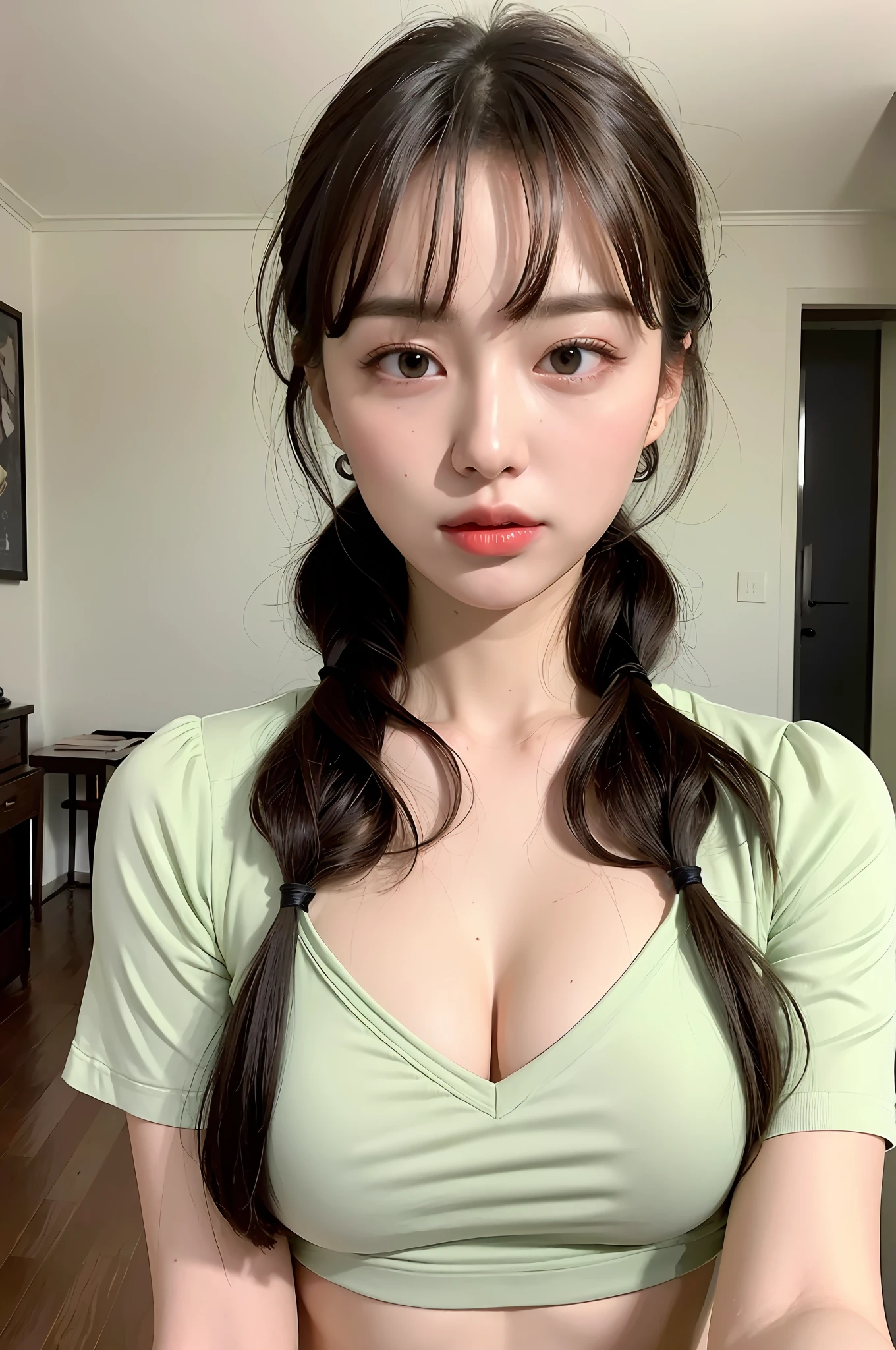 ((Best quality, 8k, Masterpiece :1.3)), 1girl, Pretty woman with emphasizing slender abs :1.3, (random hairstyles, Huge breasts :1.2), Casual outfit :1.2, Indoor, Ultra-detailed face, Detailed eyes, Double eyelid