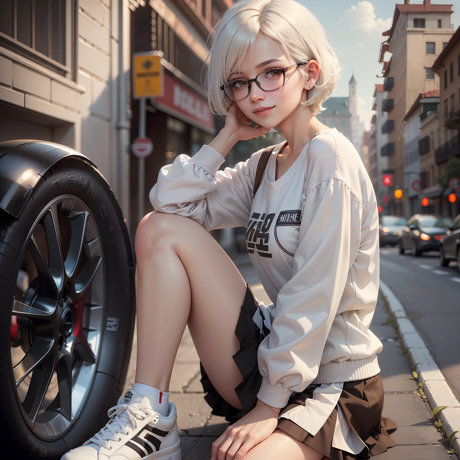 ((high quality)), ((masterpiece)), 8k,artwork, realistic, extremely detailed, game, shy smile, woman, straight short hair, white hair, hair style Short bob, nerd, delicate, social clothing, high school clothes, white shirt, black skirt, short skirt, full body, sneakers style All Star red medium barrel, black glasses, large glasses, brown eyes,