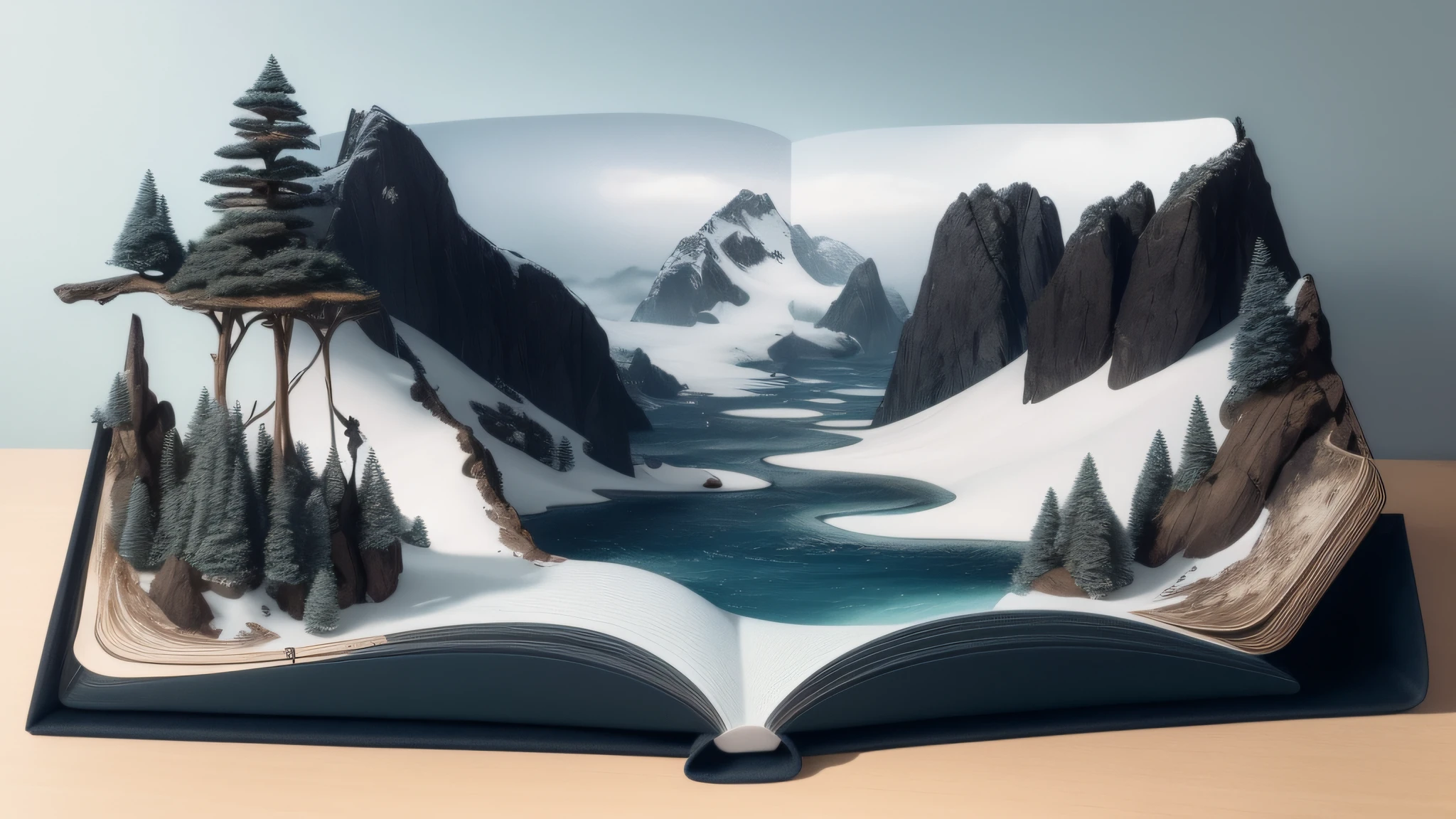 A picturesque setting where majestic mountains meet a vast ocean. In the center, there is a large open book with pages filled with words and ideas. Floating above the book is a feather made of ink, representing the power of imagination and creativity. Surrounding the book are symbolic elements of philosophy, such as a compass, an hourglass, and a statue of Socrates, emphasizing the pursuit of knowledge and wisdom. The shores of the ocean are adorned with small waves forming inspiring phrases, while the mountains echo famous quotes from great philosophers. A radiant sun on the horizon bathes the scene in warm golden light, symbolizing enlightenment and the transmission of knowledge. At the top of the image, the name of the channel 'Filos, Fatos & Ditos' is elegantly displayed, commanding attention amidst the grandeur of the scene."Art Styles: Surrealism, fantasyArt Inspirations: Salvador Dali, René Magrit