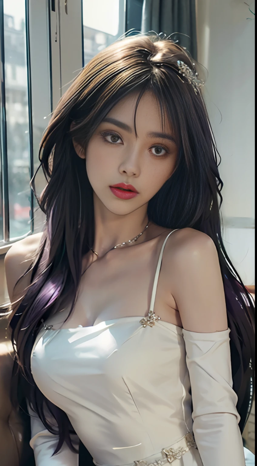Best Quality, Masterpiece, High Resolution, Realism, Photography, (Delicate Body: 1.2), Gorgeous Face, (Milky Skin: 1.3), Intricate Detail, High Resolution, High Detail RAW Color Photo, 1 Girl, Purple Hair, Dress, Hair Accessory, Solo, White Dress with Bare Shoulders Covering Chest, Crystal, Crystal Dress, Jewelry, Looking Out the Window, asymmetrical_sleeves, clothing_cutout, shiny_ hair, hair_rings, floating, spotlight, alternate_costume, glitter, multi-layered dress, floral print, (VSCO A7:1.5), 16K, HDR, high resolution, depth field, (surrealism: 1.5), Bocken, ISO 200, primetime, (lens flare), vignetting, rainbow, (color grading: 1.5)