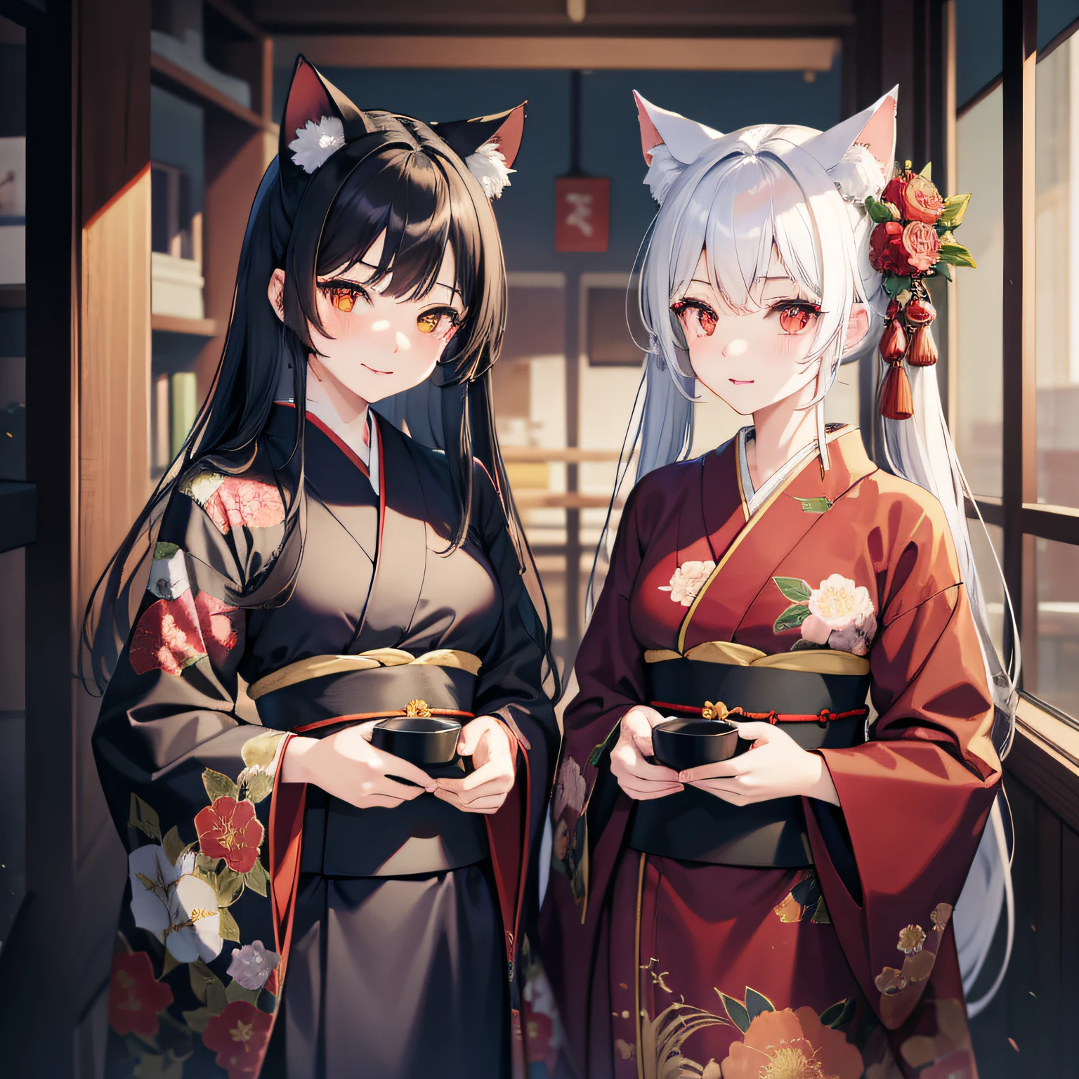 Masterpiece, High Resolution, High Quality, 2 Girls, Red Kimono, Floral Pattern, Small Breasts, Cat Ears, Red Eyes, Black Hair, Long Hair, White Kimono, Big Breasts, Cat Ears, Floral Pattern, Yellow Eyes, White Hair, Twin Tails