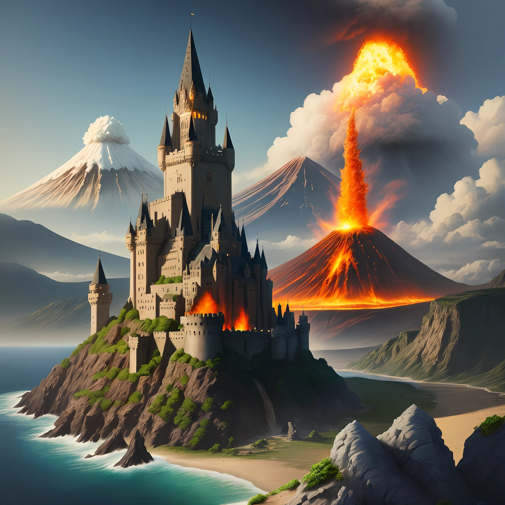 Drawing, fantasy, realism, high detail, castle, stone shore, erupting volcano, cliff, 8kk