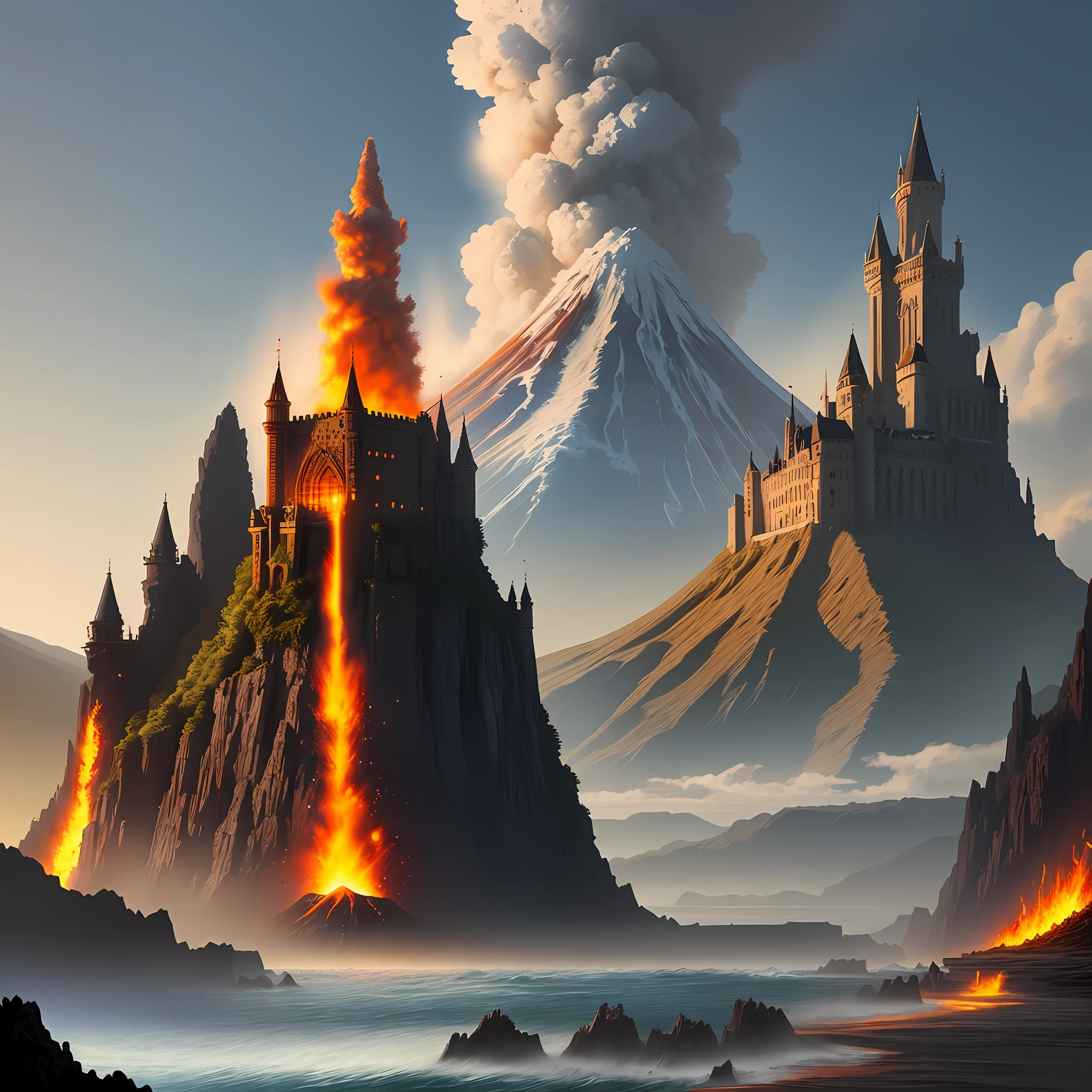Drawing, fantasy, realism, high detail, castle, stone shore, erupting volcano, cliff, 8kk