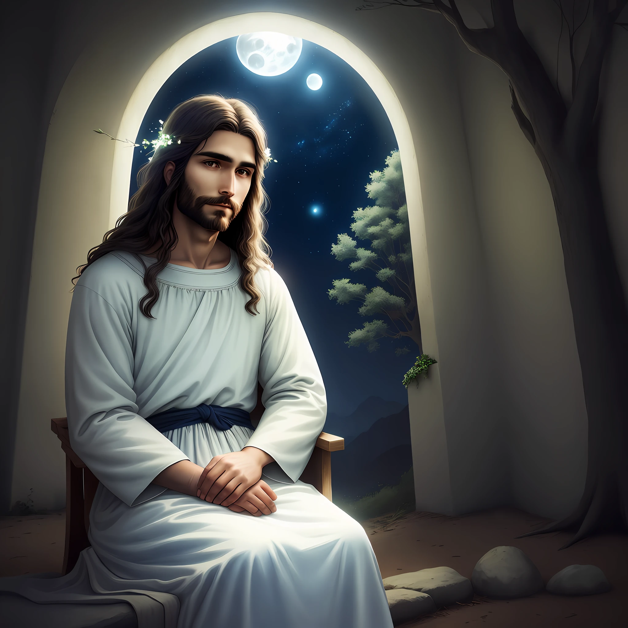 A beautiful Jesus Christ with a countenance of serenity, sitting under a tree, illuminated by the light of the moon. (Best photographic quality)