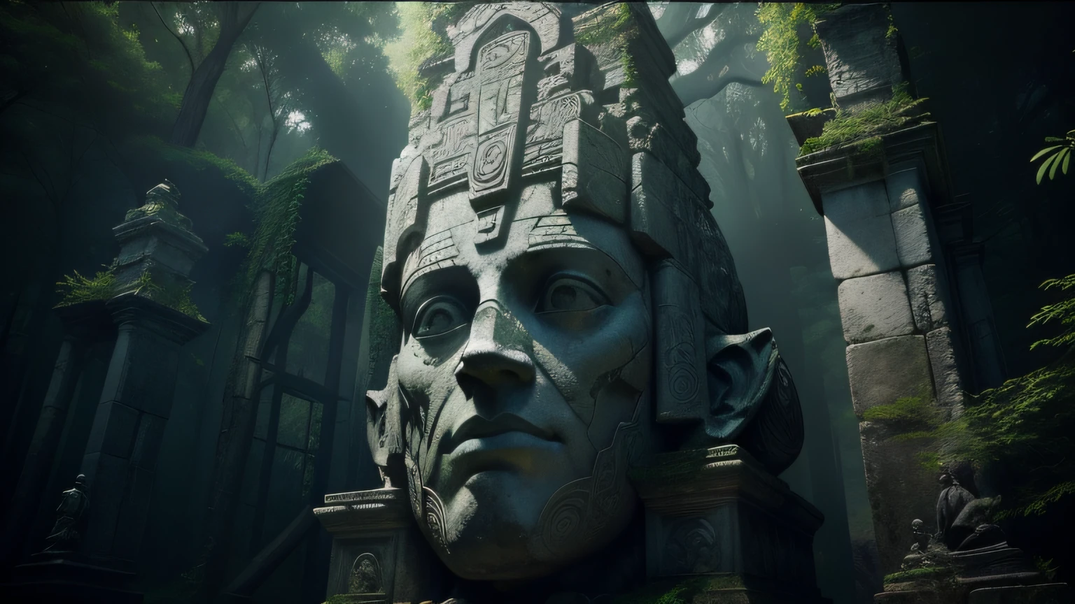 arafed stone statue in a forest with a dark background, unreal maya, huge giant old ruins, realistic facial features ”, in a movie still cinematic, ps3 game, neo - andean architecture, giant head statue ruins, examining ruins, face shown, mekka, broken mask