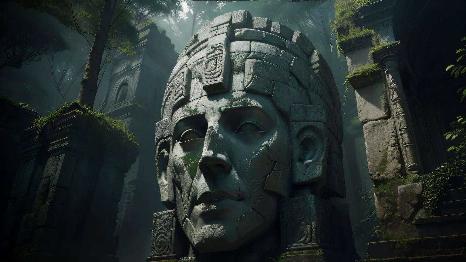 arafed stone statue in a forest with a dark background, unreal maya, huge giant old ruins, realistic facial features ”, in a movie still cinematic, ps3 game, neo - andean architecture, giant head statue ruins, examining ruins, face shown, mekka, broken mask