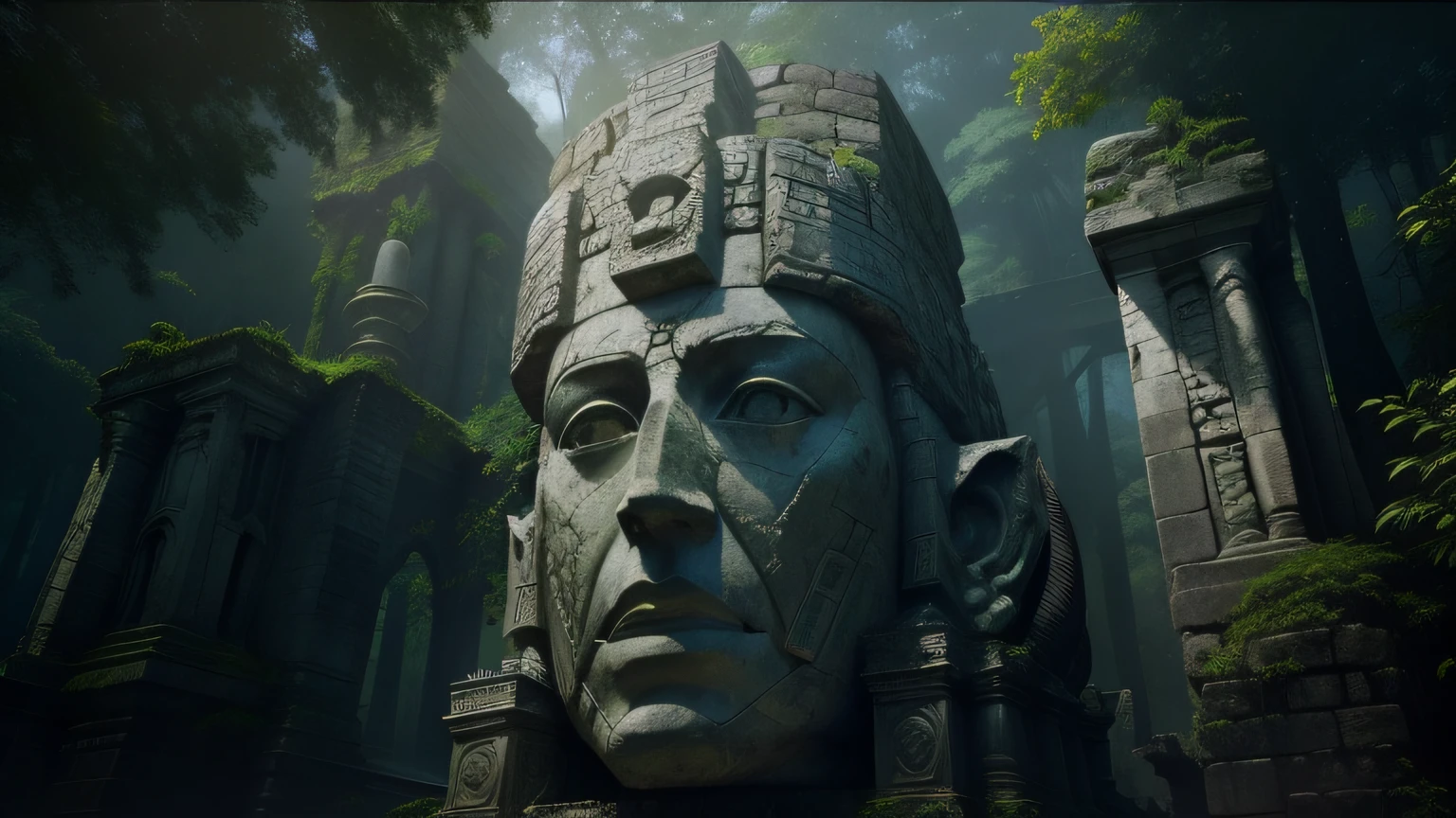 arafed stone statue in a forest with a dark background, unreal maya, huge giant old ruins, realistic facial features ”, in a movie still cinematic, ps3 game, neo - andean architecture, giant head statue ruins, examining ruins, face shown, mekka, broken mask