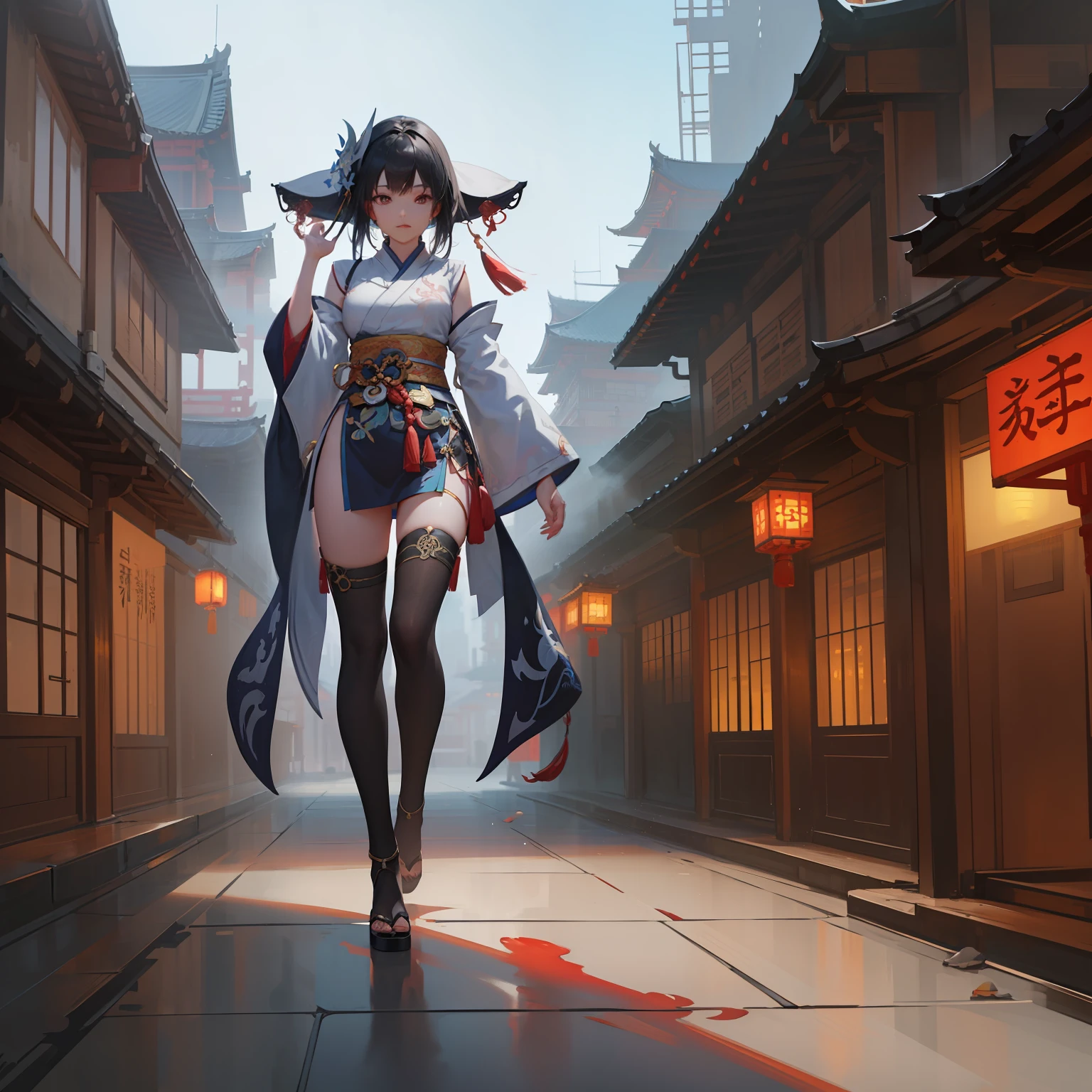 there is a large building with lanterns and people walking around it, andreas rocha style, concept art | feng zhu, cyberpunk chinese ancient castle, concept art stunning atmosphere, feng zhu concept art, rossdraws global illumination, the style of andreas rocha, cyberpunk japanese temple, chengwei pan on artstation, traditional japanese concept art, onmyoji detailed art --auto --s2