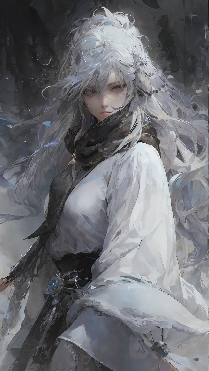 Close-up of a woman with white hair and a black scarf, portrait of Yang J, pixiv contest winner, fantasy art, white-haired god, beautiful character painting, Guvez style artwork, glare of Yuki Onna, Guweiz, long white hair, flowing hair and robes, holding a sword, all over