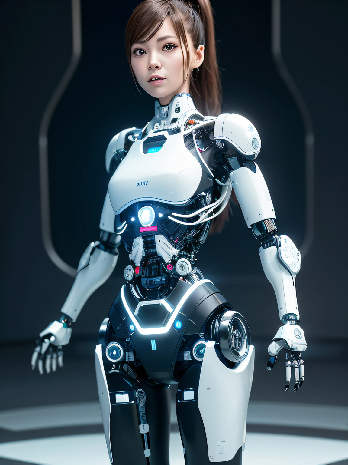 complex 3d render ultra detailed of a beautiful porcelain profile woman android face, clear glass armor, brown hair, ponytail, luminous blue strip, cyborg, robotic parts, (robotic 
trunk:1.5),robotic arms, mechanic legs, look at viewer, 150 mm, soft light, rim light, vibrant details, luxurious cyberpunk, lace, hyperrealistic, anatomical, facial muscles, tight body, cable electric wires, microchip, elegant, beautiful background, octane render, H. R. Giger style, 8k, best quality, masterpiece, illustration, an extremely delicate and beautiful, extremely detailed ,CG ,unity ,wallpaper, (realistic, photo-realistic:1.37),Amazing, finely detail, masterpiece,best quality,official art, extremely detailed CG unity 8k wallpaper, full body, grin, standing, sexy pose, small breasts, futuristic city, round and straight chest,in a space ship,[Emma Watson:Chou Tzu-yu:0.2]