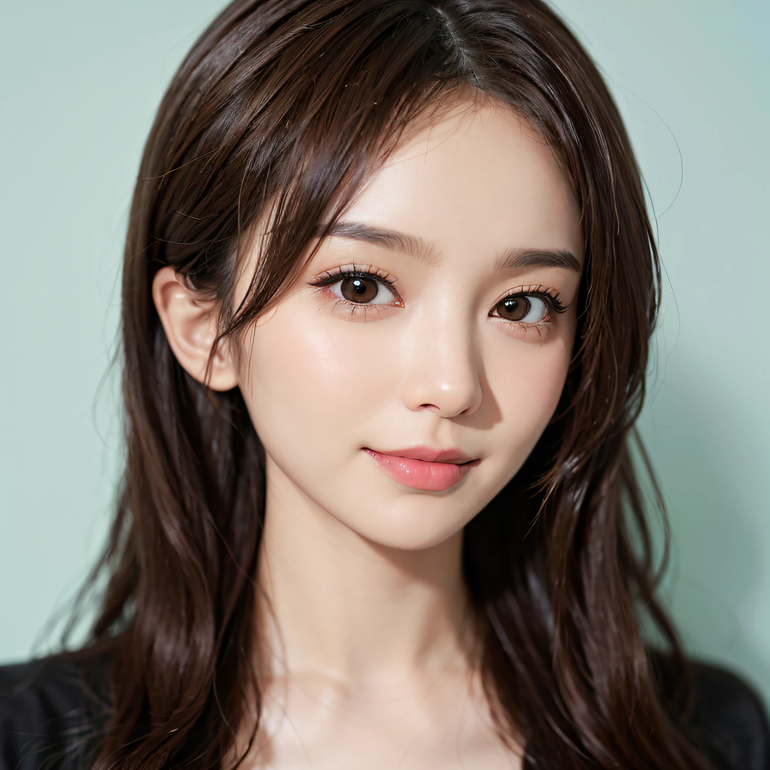 wallpaper wallpaper, ridiculous, incredibly ridiculous, huge file size, super detailed, high resolution, very detailed, beautifully detailed girl, very detailed eyes and face, beautifully detailed eyes, (RAW photo, best Quality), (Realistic, Photorealistic: 1.3) , Light Face, Full Body, Full Body Shot, Black Jacket, ((Triangle Face)), (Light Brown Hair:1), Long Hair, (Big Eyes),( (Puffy eyes)), (( (small breasts))), ((fantasy breasts)), (Kpop idol), (aegyo sal), bangs, ((wall background)), blank wall, skinny, ((posing )), (smiling), happy, looking at the audience, facing forward