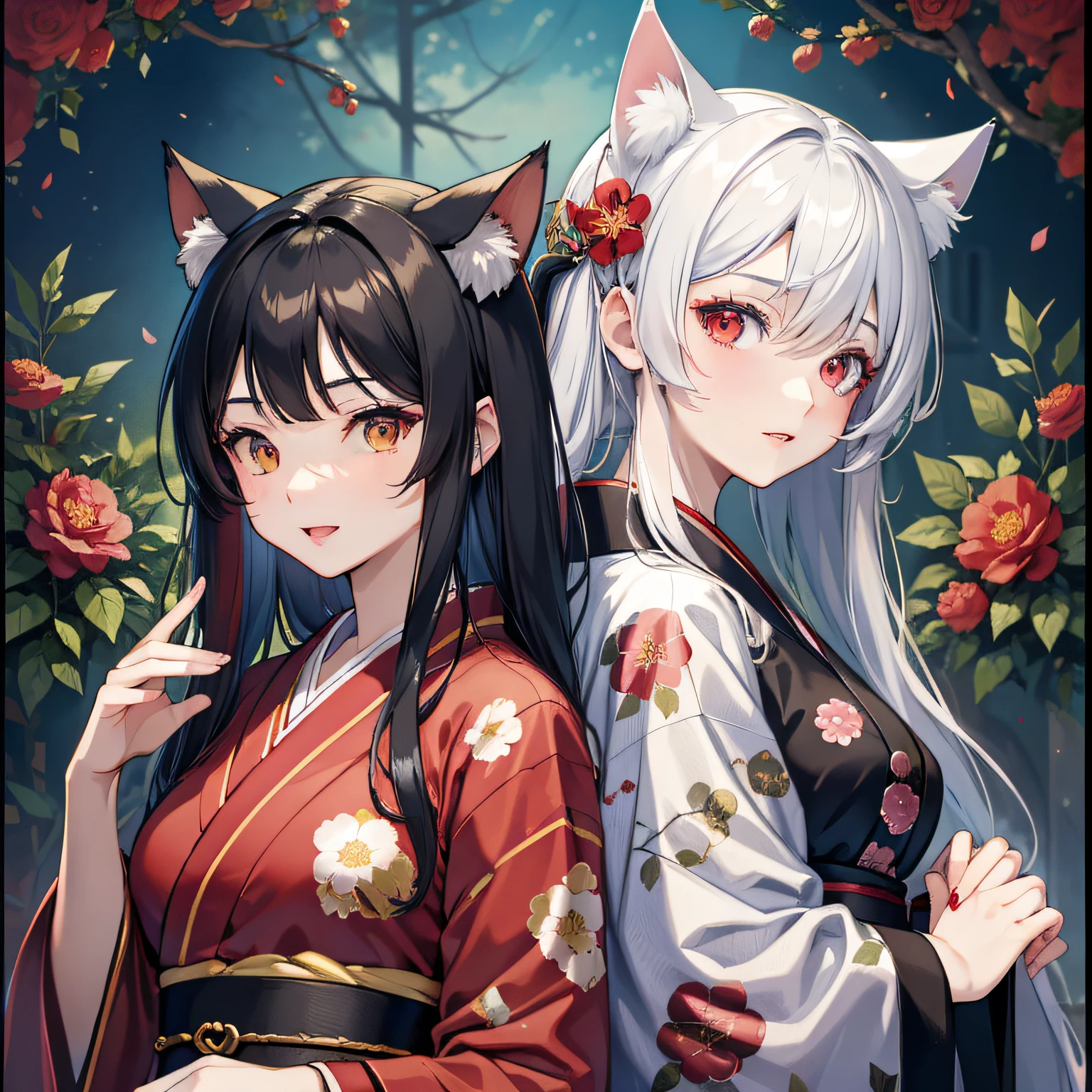Masterpiece, High Resolution, High Quality, 2 Girls, Red Kimono, Floral Pattern, Small Breasts, Cat Ears, Red Eyes, Black Hair, Long Hair, White Kimono, Big Breasts, Cat Ears, Floral Pattern, Yellow Eyes, White Hair, Twin Tails