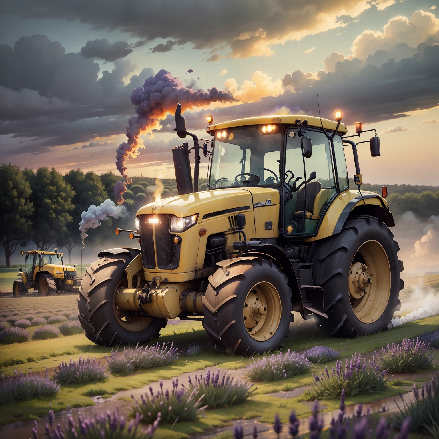 yellow tractor, emitting smoke. plowing field with lavender flowers, twilight horizon, fine rain
