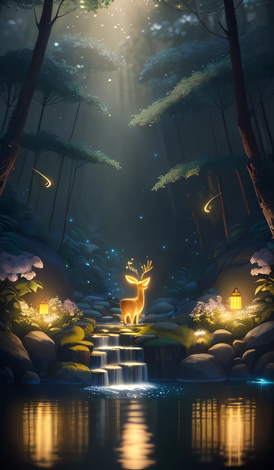 Masterpiece, best quality, (very detailed CG unity 8k wallpaper), (best quality), (best illustration), (best shadows), glow sprite, with a glowing deer, in the swimming pool Drinking water, natural elements in the forest theme. Mysterious forest, beautiful forest, nature, surrounded by flowers, delicate leaves and branches surrounded by fireflies (natural elements), (jungle theme), (leaves), (twigs), (fireflies), (particle effects) etc. 3D , Octane rendering, ray tracing, super detailed
