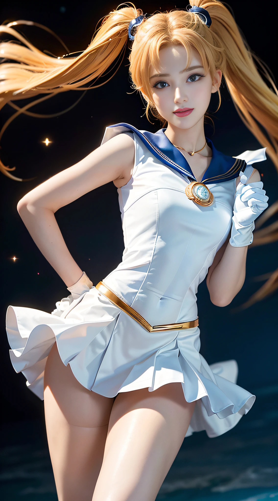 (CG Unity 8K wallpaper with extreme detail, masterpiece, highest quality), (exquisite lighting and shadow, highly dramatic picture, cinematic lens effect), (Sailor Moon: 1.1), charming smile, double tail, vibrant blue eyes, looking at the viewer with blond hair, white tight-fitting top, white gloves, mini skirt, dynamic pose), the background is the universe (excellent detail, excellent lighting, wide angle), (excellent rendering, enough to stand out in its class),