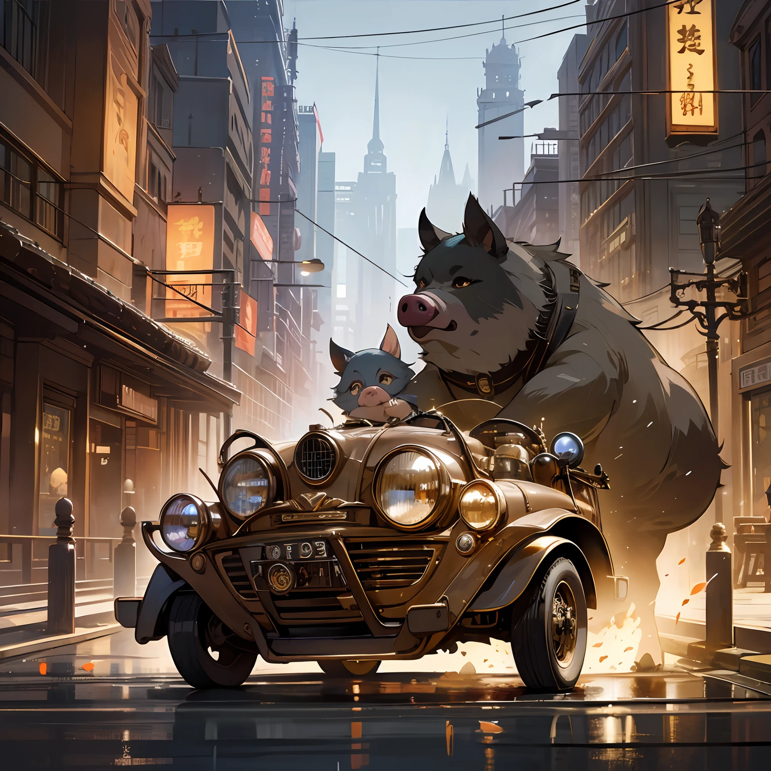/imagine prompt: oil painting of A pig drives a car ,Pig driving::10, drive::6, Fat pig::4, Steampunk::9, Horizontal composition::5, ultrawide shot::10, Unreal Engine::15, Dramatic light::14, Studio light::11, Dramatic::16, 8K Resolution::10, Steampunk cityscape::10, fIm photography::10, Sports Photography::10, Cuprite::8 --seed 48525565 --s 400 --q 2 --c 17 --v 5.1 ,超多细节,疯狂眼神,皮肤细节超多