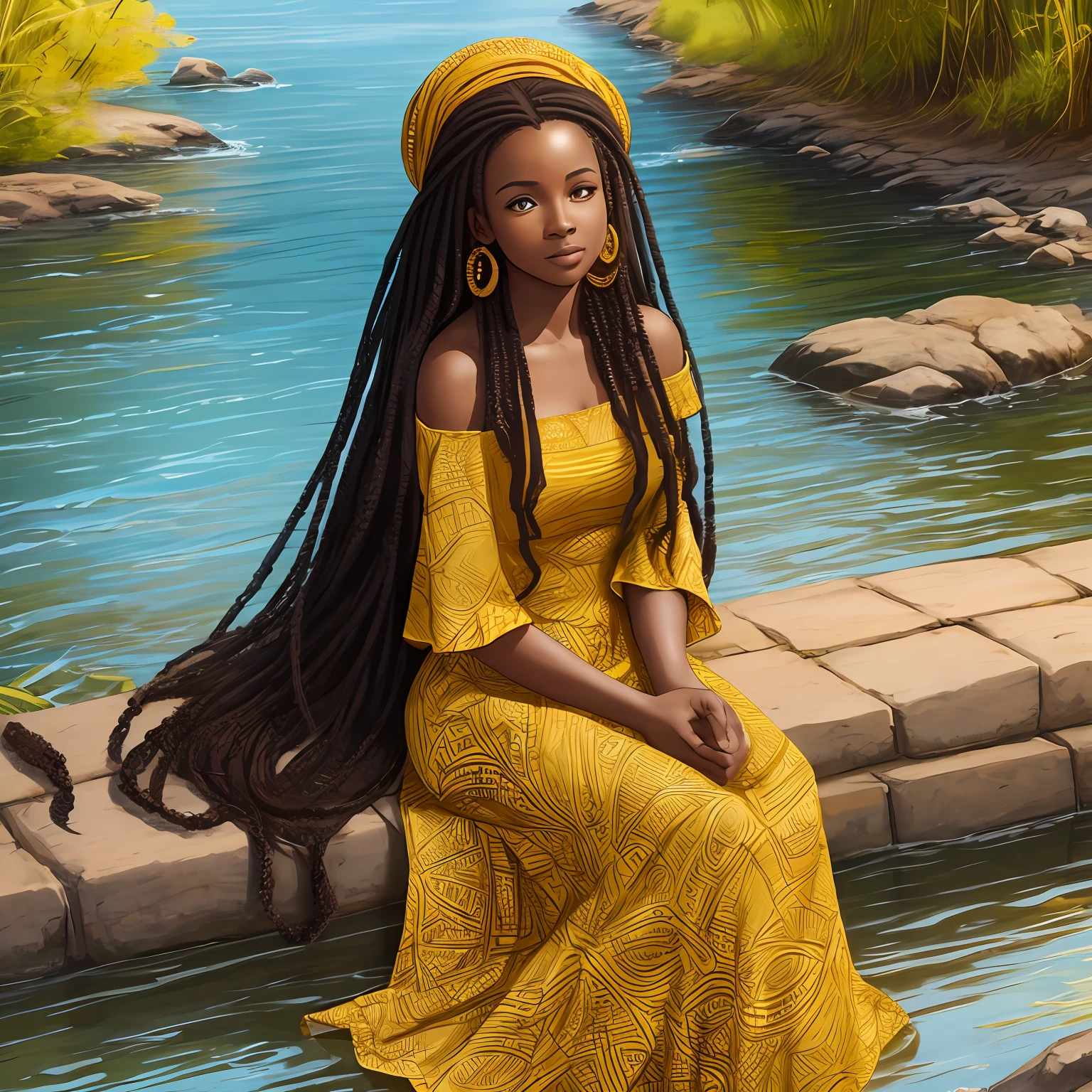 African woman, long dress, long hair, curly hair, golden dress, sitting on the edge of a river, fiddling with her hair, on a sunny day --auto --s2