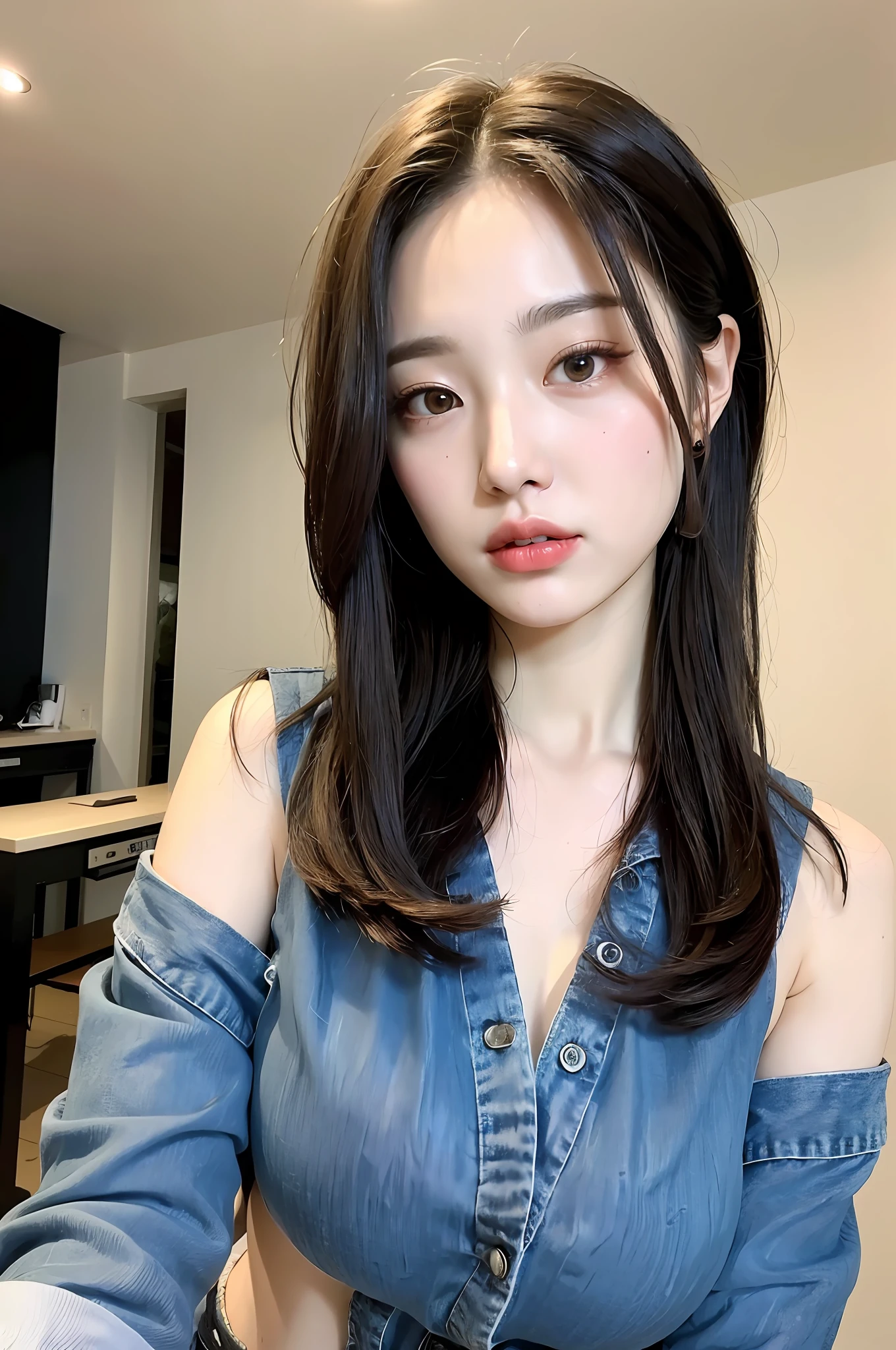 ((Best quality, 8k, Masterpiece :1.3)), 1girl, Pretty woman with emphasizing slender abs :1.3, (random hairstyles, Huge breasts :1.2), Casual outfit :1.2, Indoor, Ultra-detailed face, Detailed eyes, Double eyelid