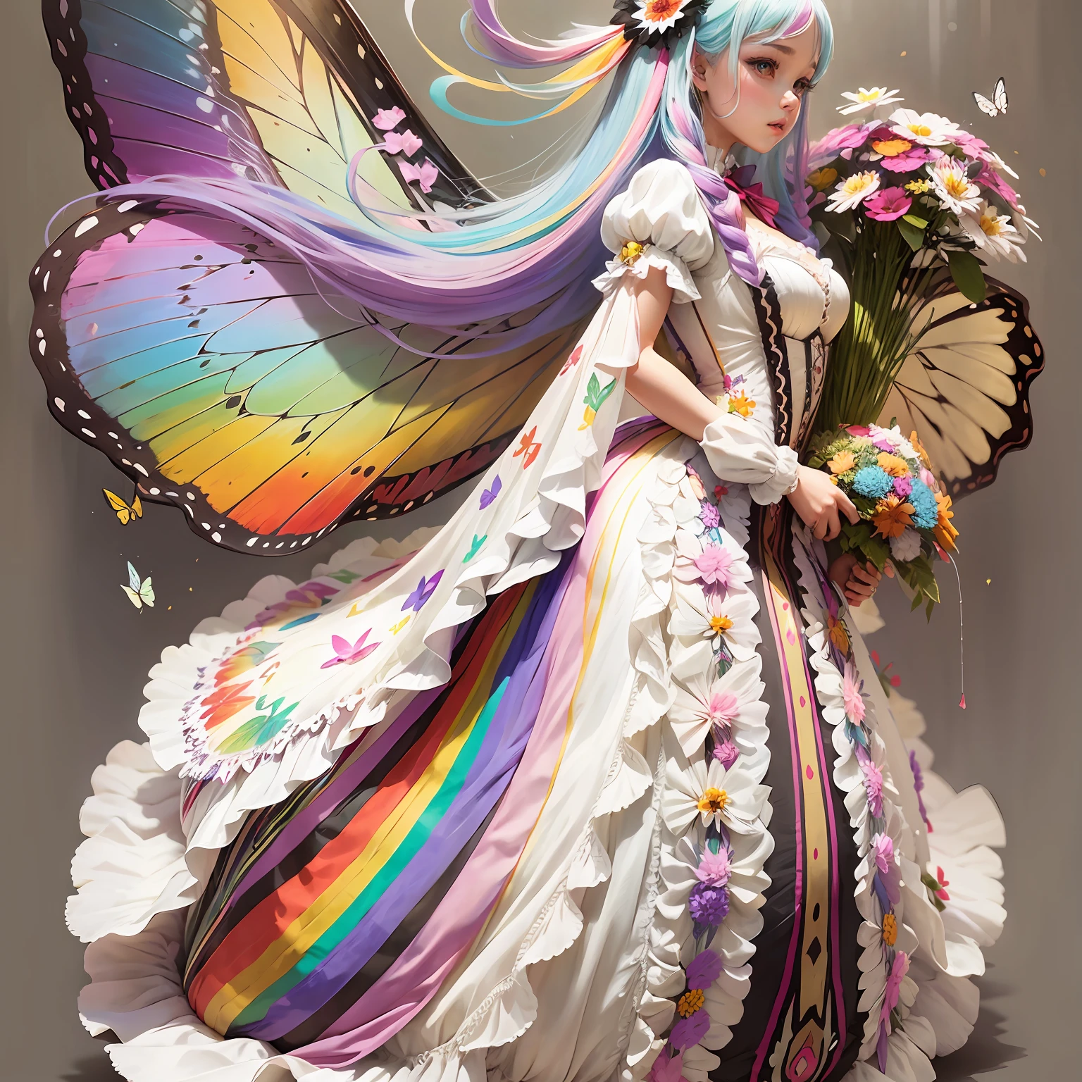 Woman with butterfly wings, long rainbow hair, long dress, white dress, ta style dress, zinnia flower --auto --s2