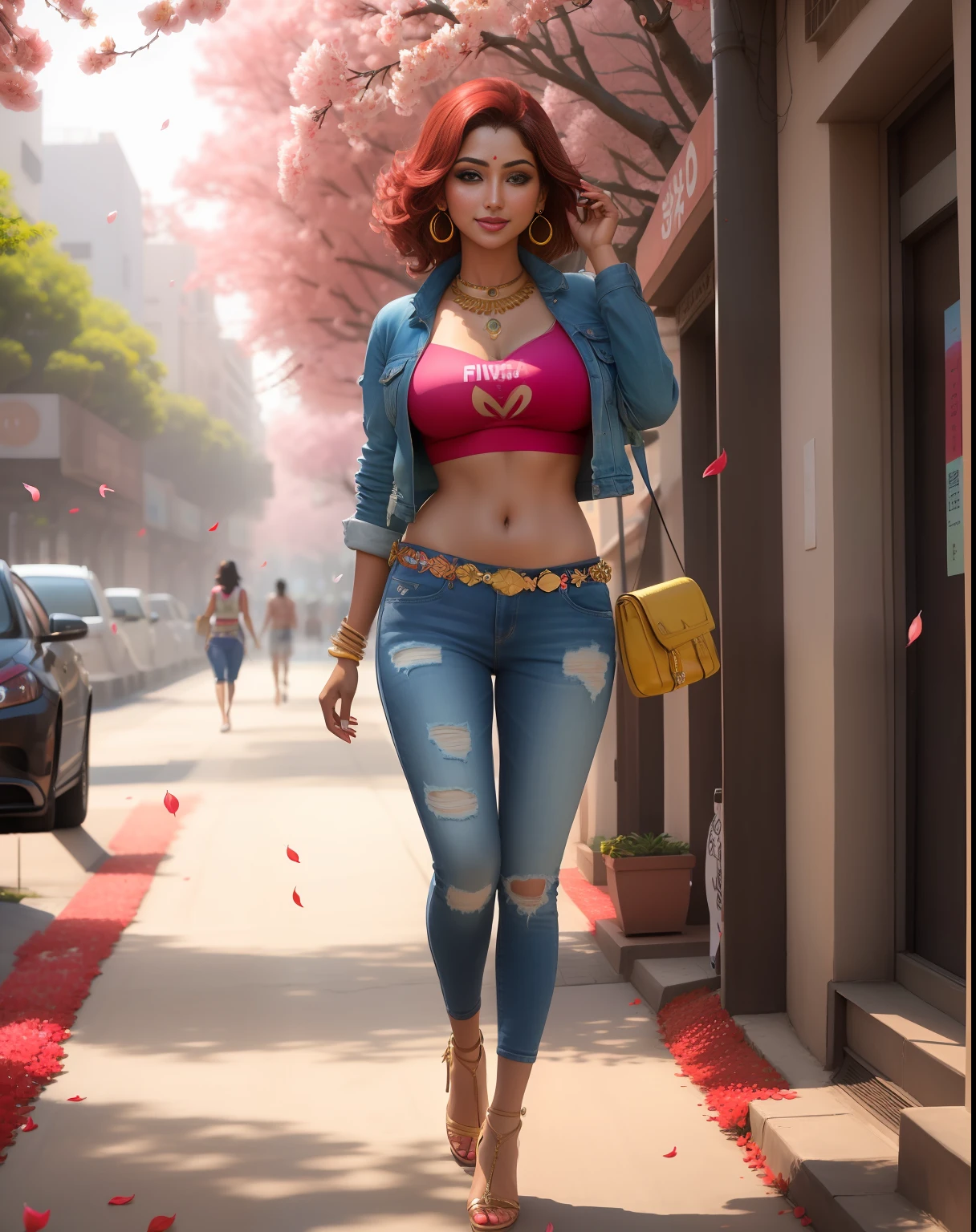 Alluring ravishing sexy urban supermodel girl Madhubala, flirtatious smile, wearing jacket crop top, indian makeup, latest jewelry, (maximalism:1.2), huge gulmohar  blossom, walking on tree lined street, going on a date,  flowing short hair, falling flower petals in breeze, sunshine, (stunning beautiful face:1.3), masterpiece, super detailed, epic composition, high quality, highest quality, 4k --v 6