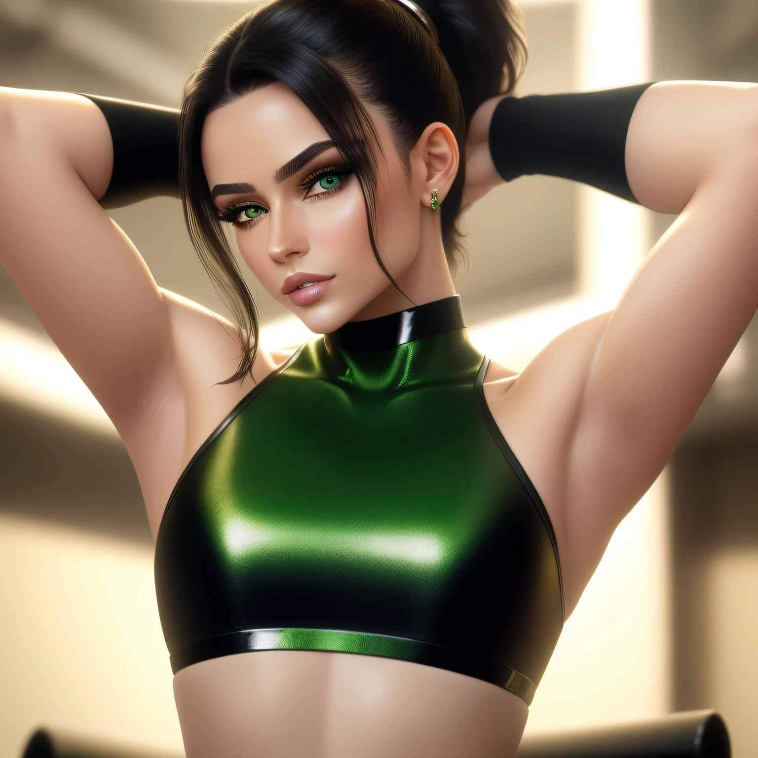 "(masterpiece, best quality, 8k, sharp focus, depth of field, best shadows, perfect lights, HDR, realistic skin texture, ultra-detailed background, detailed)", 1 woman (green eyes, white skin, black hair with ponytail, choker, small breasts, slim, makeup, eyeliner, shine), arms up, armpit, in a futuristic cyberpunk gym, Long Angle Shot