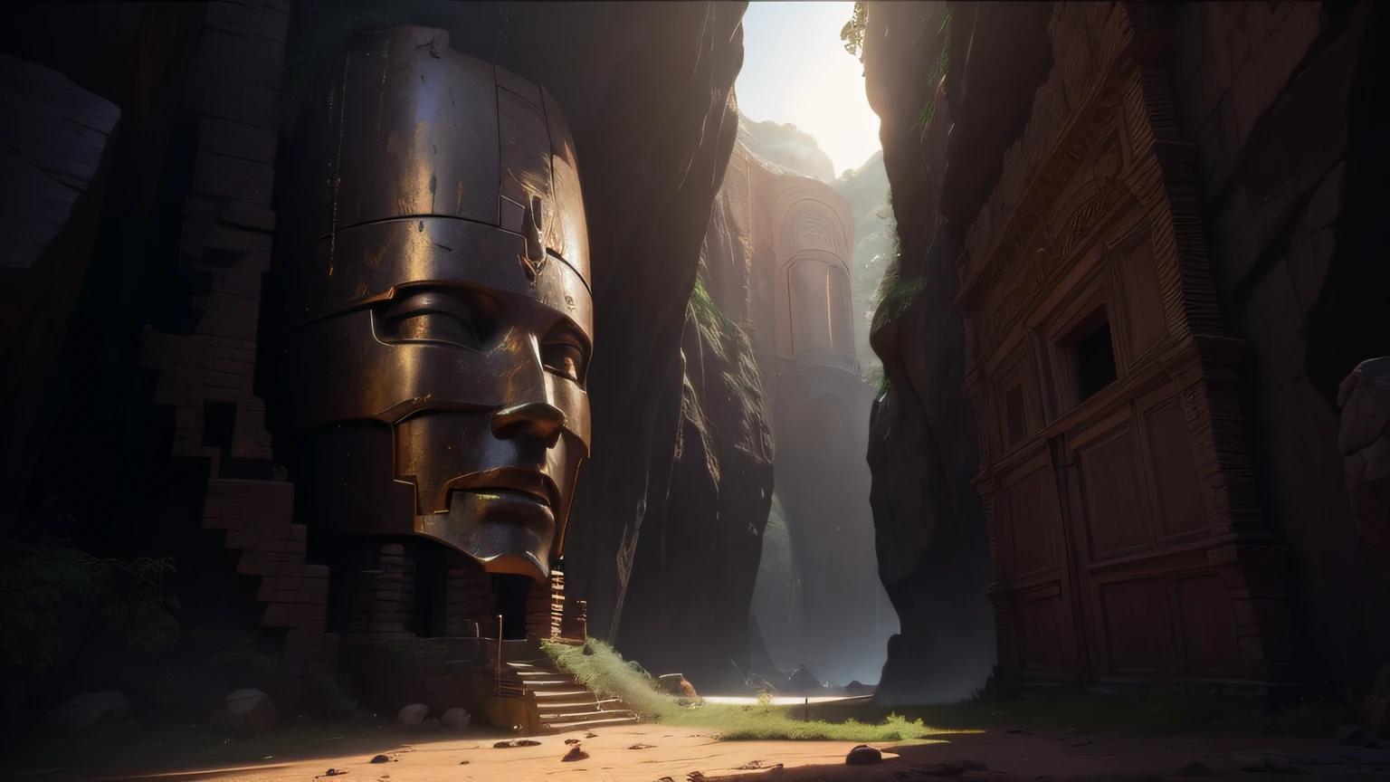 there is a large wooden statue in the middle of a narrow canyon, unreal engine 5 renderered, inspired by Ras Akyem, giant gold head statue ruins, video game screenshot>, still from a music video, by Thomas Crane, giant majestic archways, inspired by ferdinand knab
