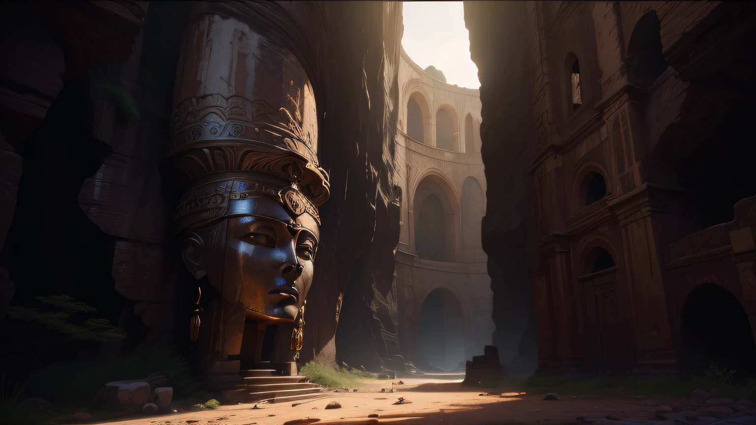 there is a large wooden statue in the middle of a narrow canyon, unreal engine 5 renderered, inspired by Ras Akyem, giant gold head statue ruins, video game screenshot>, still from a music video, by Thomas Crane, giant majestic archways, inspired by ferdinand knab