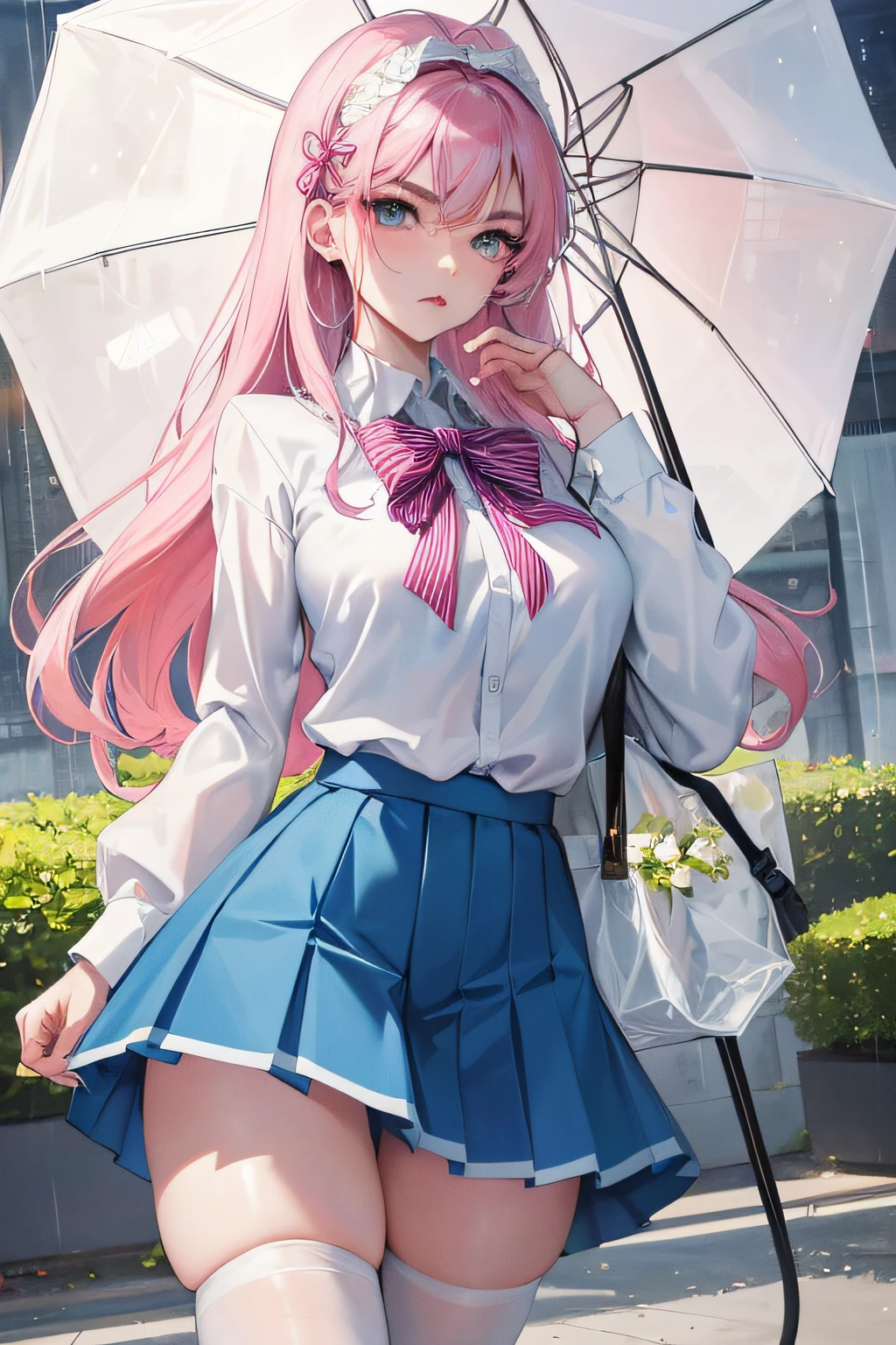 Brow deeply wrinkled, expression a little angry, on the school plastic runway, official art, masterpiece, sharp focus, (beautiful gorgeous cute Korean woman: 1.3), (beautiful and cute Korean: 1.3), Korean beauty, delicate beautiful hair and eyes and face, realistic, super detailed, beautiful girl, glowing white particles, (sidelighting: 1.2), the sky is foggy, it is raining, the girl is standing under the umbrella, slender, cute big breasts and huge buttocks, brows are wrinkled, and the face is a little anxious, landscape,long straight hair, sexy facial expression, dynamic hair, long straight hair, fine platinum pink hair, glowing blue eyes, (blue pleated shirt + white skirt), white stockings, pale skin, hair accessories,,woman is tall ,