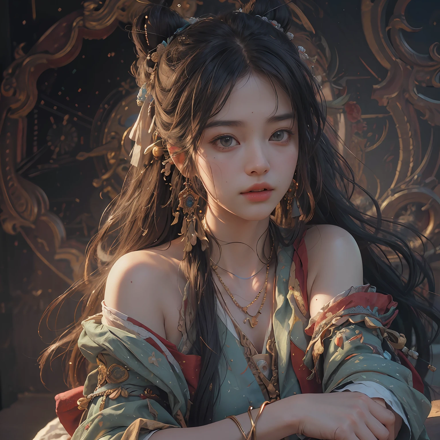 (RAW photo, best quality), (realistic, photo-realistic:1.3),best quality,highly detailed,masterpiece,ultra-detailed,illustration,1girl,upper_body,dynamic angle,world masterpiece theater,messy_long_hair,best quality,extremely detailed CG unity 8k wallpaper,ink,Amazing,cinematic lighting,lens_flare, dunhuang_style