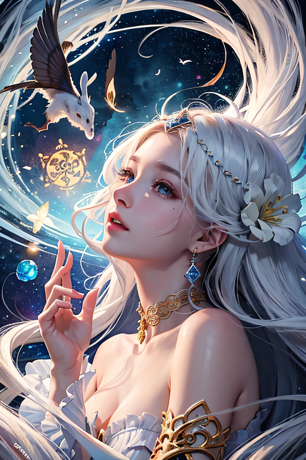 official art, unity 8k wallpaper, ultra detailed, beautiful and aesthetic, (best quality, masterpiece), (zentangle, mandala, tangle, entangle), ecstasy of flower,(1girl),long hair,  jewelry in hair, extremely detailed, dynamic angle, (floating hair), (looking up), (dancing), Fairy spirit, (1 white rabbit),  Palace, flying to the Moon, cloud, flower,