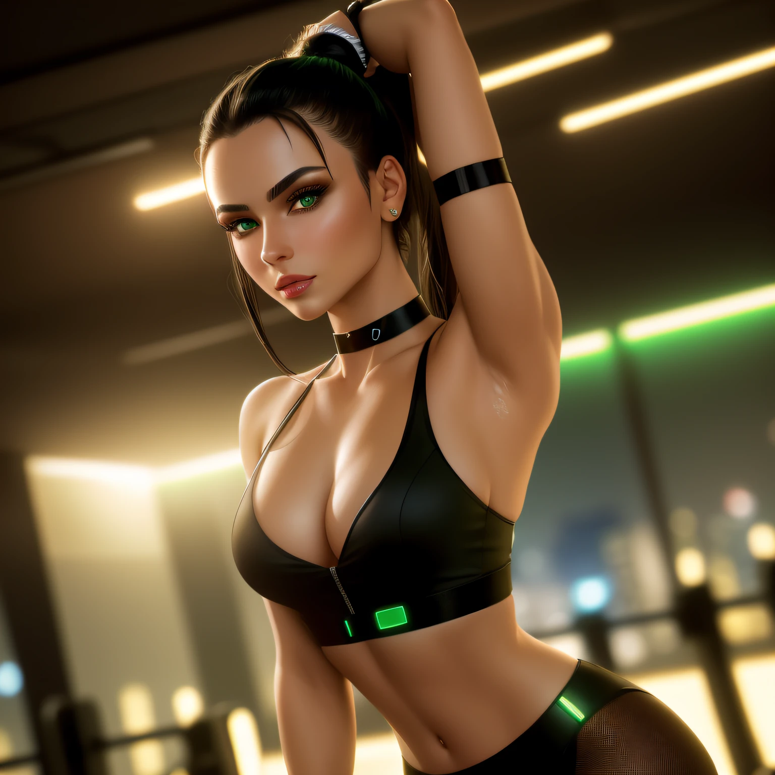 "(masterpiece, best quality, 8k, sharp focus, depth of field, best shadows, perfect lights, HDR, realistic skin texture, ultra-detailed background, detailed)", 1 woman (green eyes, white skin, black hair with ponytail, choker, small breasts, slim, makeup, eyeliner, glow), arms up, armpit, in a futuristic cyberpunk gym, whole body shot, night lights, sharp focus