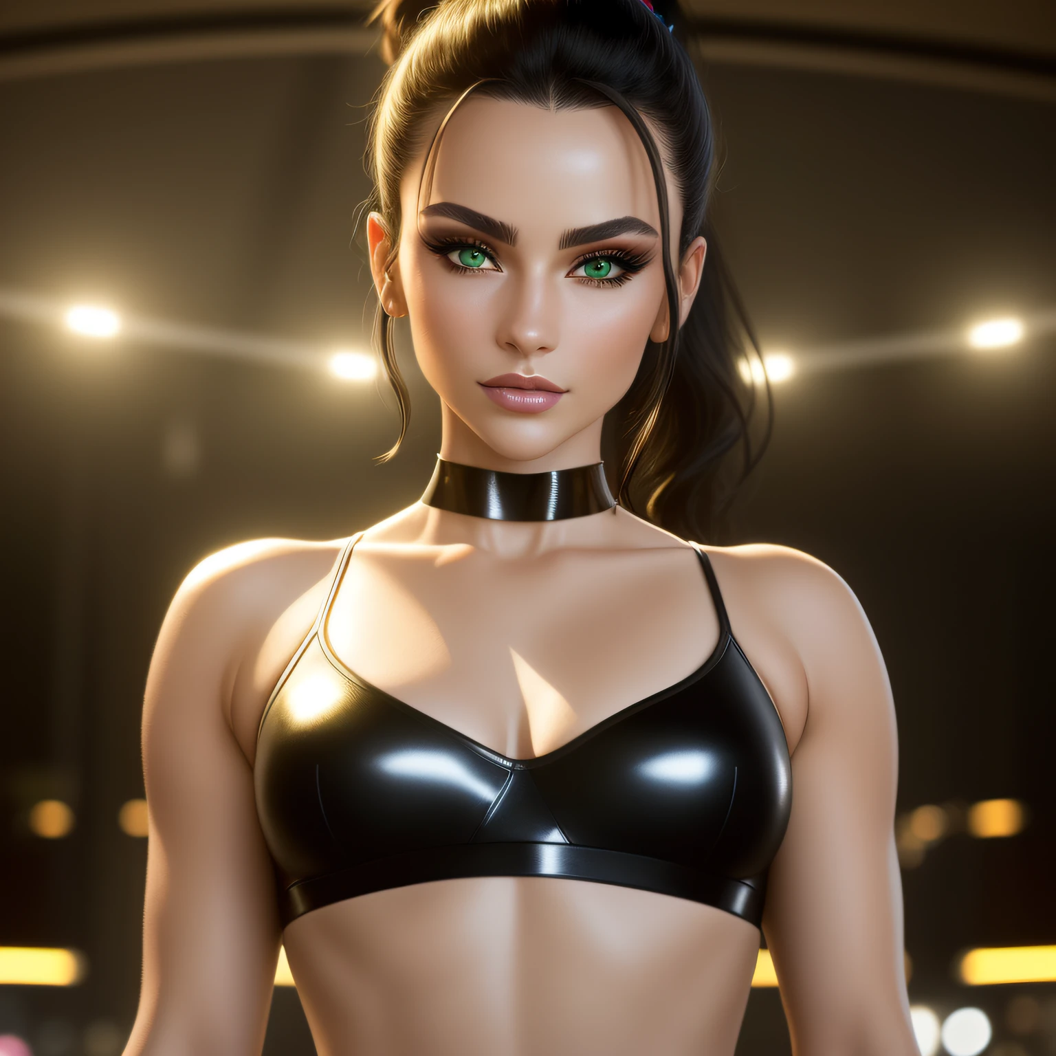 "(masterpiece, best quality, 8k, sharp focus, depth of field, best shadows, perfect lights, HDR, realistic skin texture, ultra-detailed background, detailed)", 1 woman (green eyes, white skin, black hair with ponytail, choker, small breasts, slim, makeup, eyeliner, glow), arms up, armpit, in a futuristic cyberpunk gym, whole body shot, night lights, sharp focus