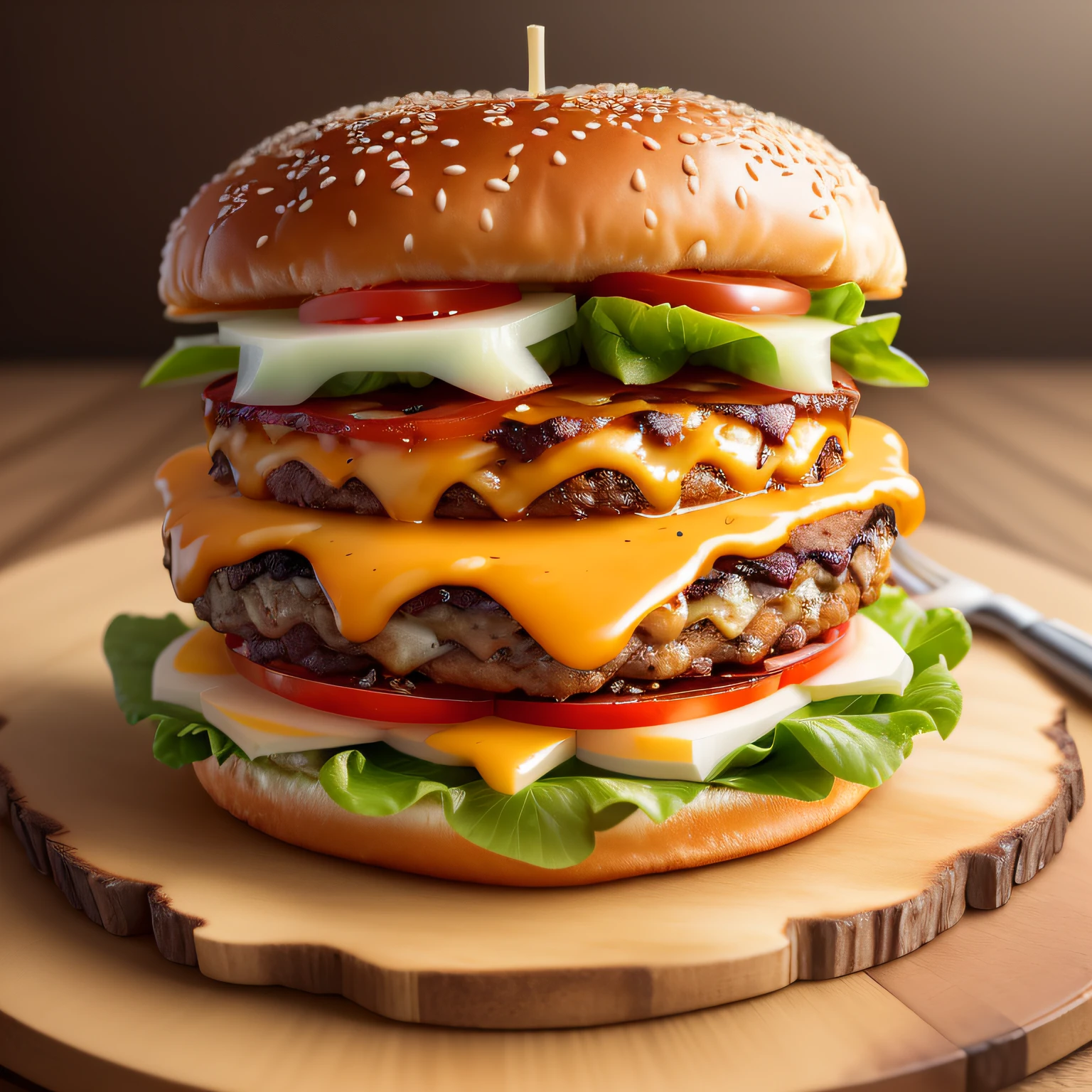 (Masterpiece:1.3), (best_quality:1.3), (ultra_detailed:1.3), 8K, extremely_clear, Realism, photo of a delicious burger with 1meat, lettuce, tomato and cheddar cheese, (rustic dinner background), hdr, (intricate details, hyper-detailed:1.15)